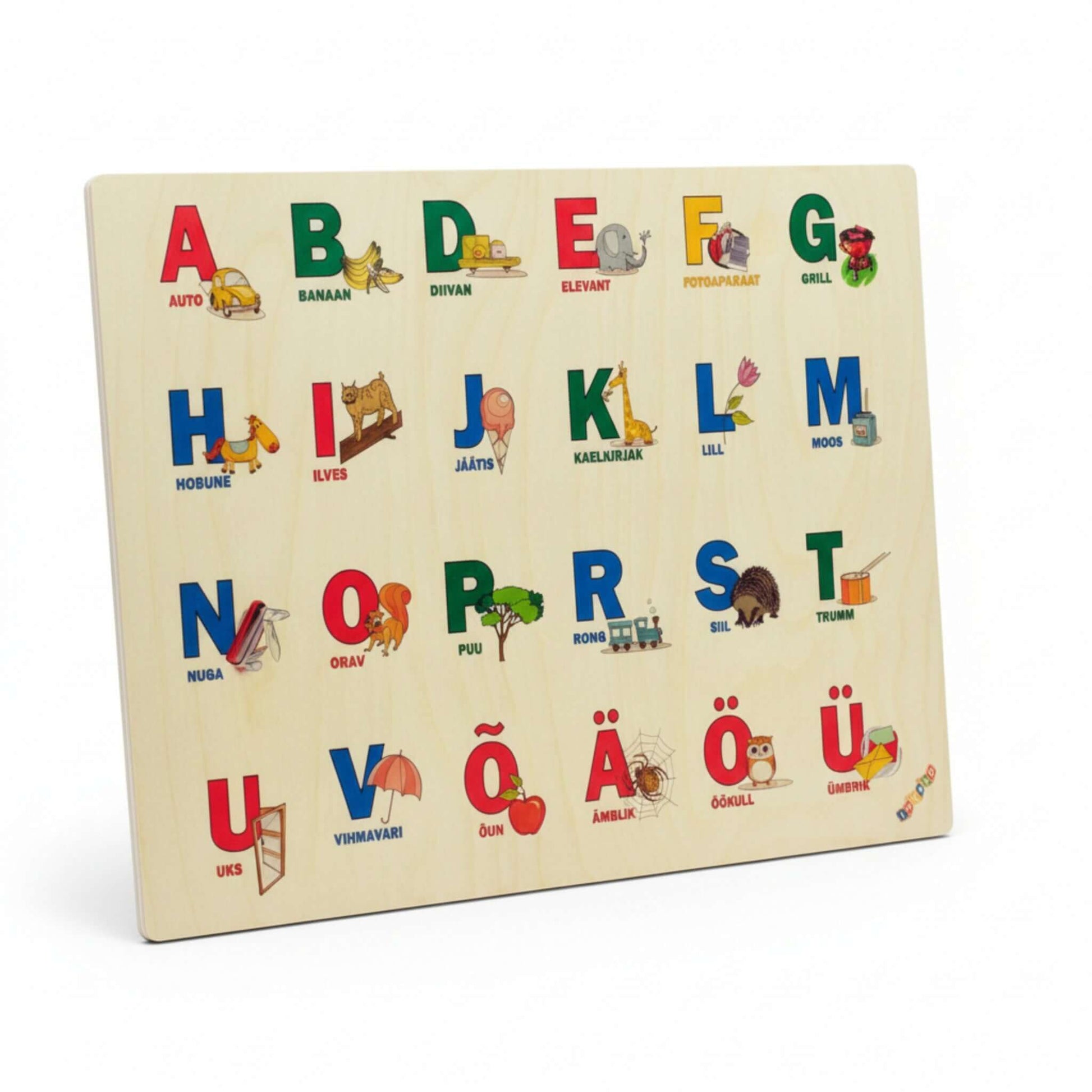 Wooden plaque - estonian alphabet featuring colorful letters and illustrations on birch plywood.