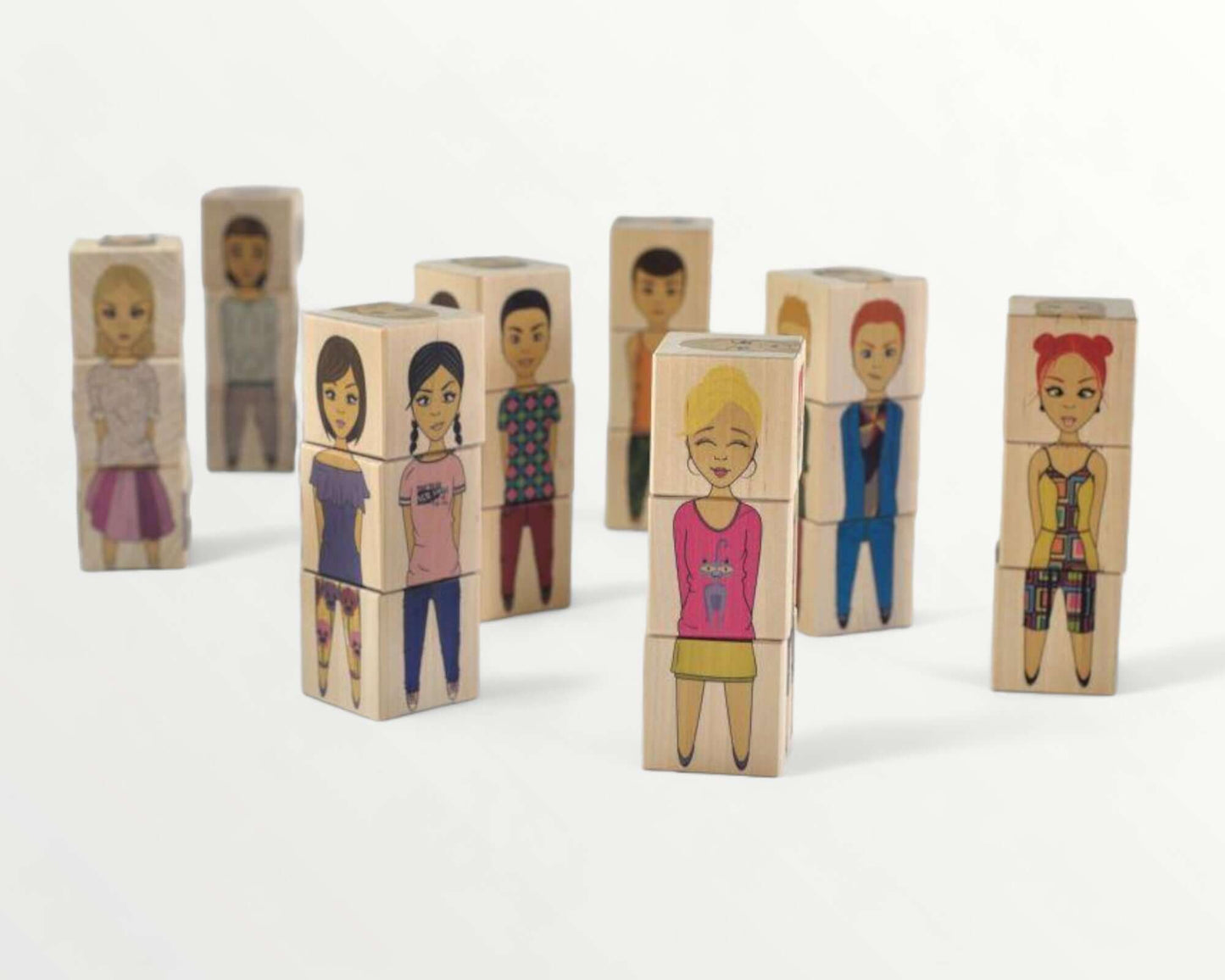 Wooden picture blocks - fashion world - 6 pcs showcasing diverse dress-up figures in various poses.