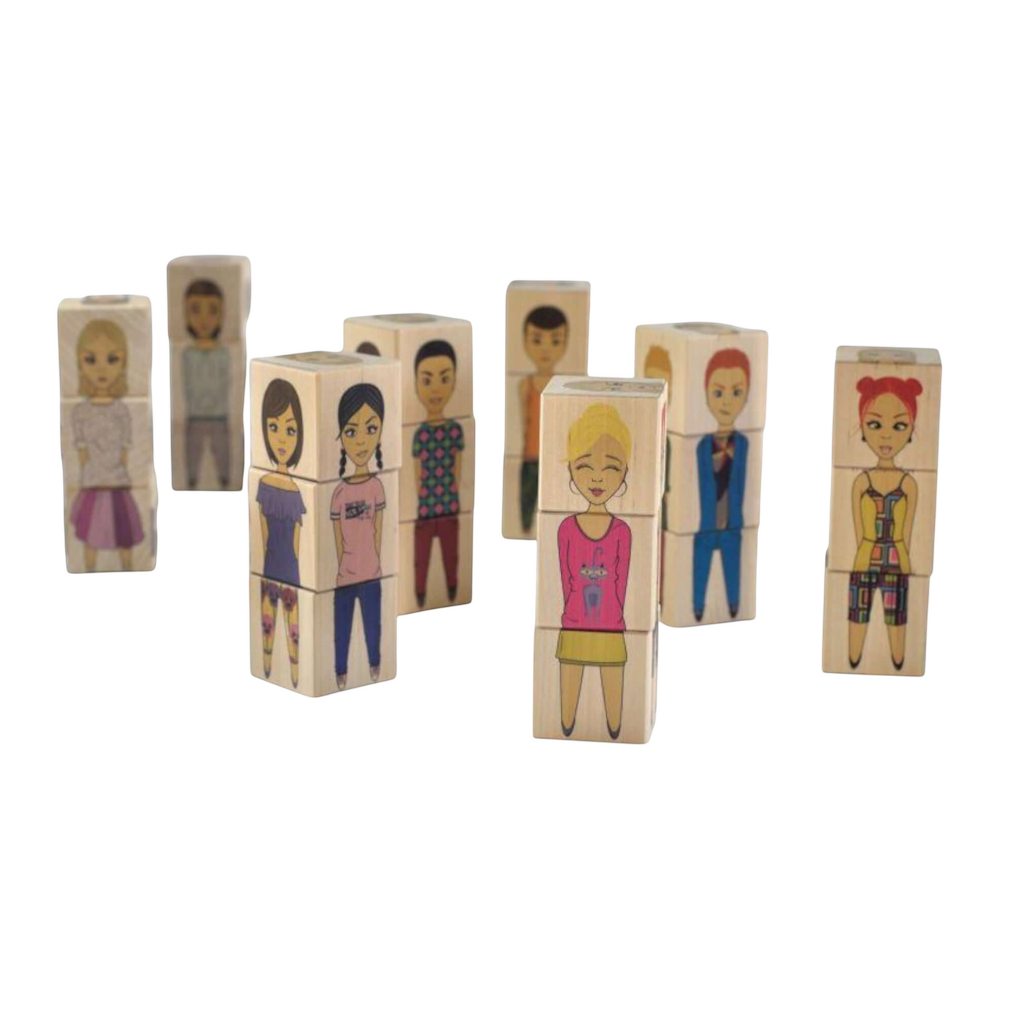 Wooden picture blocks - fashion world - 6 pcs showcasing diverse dress-up figures in various poses.