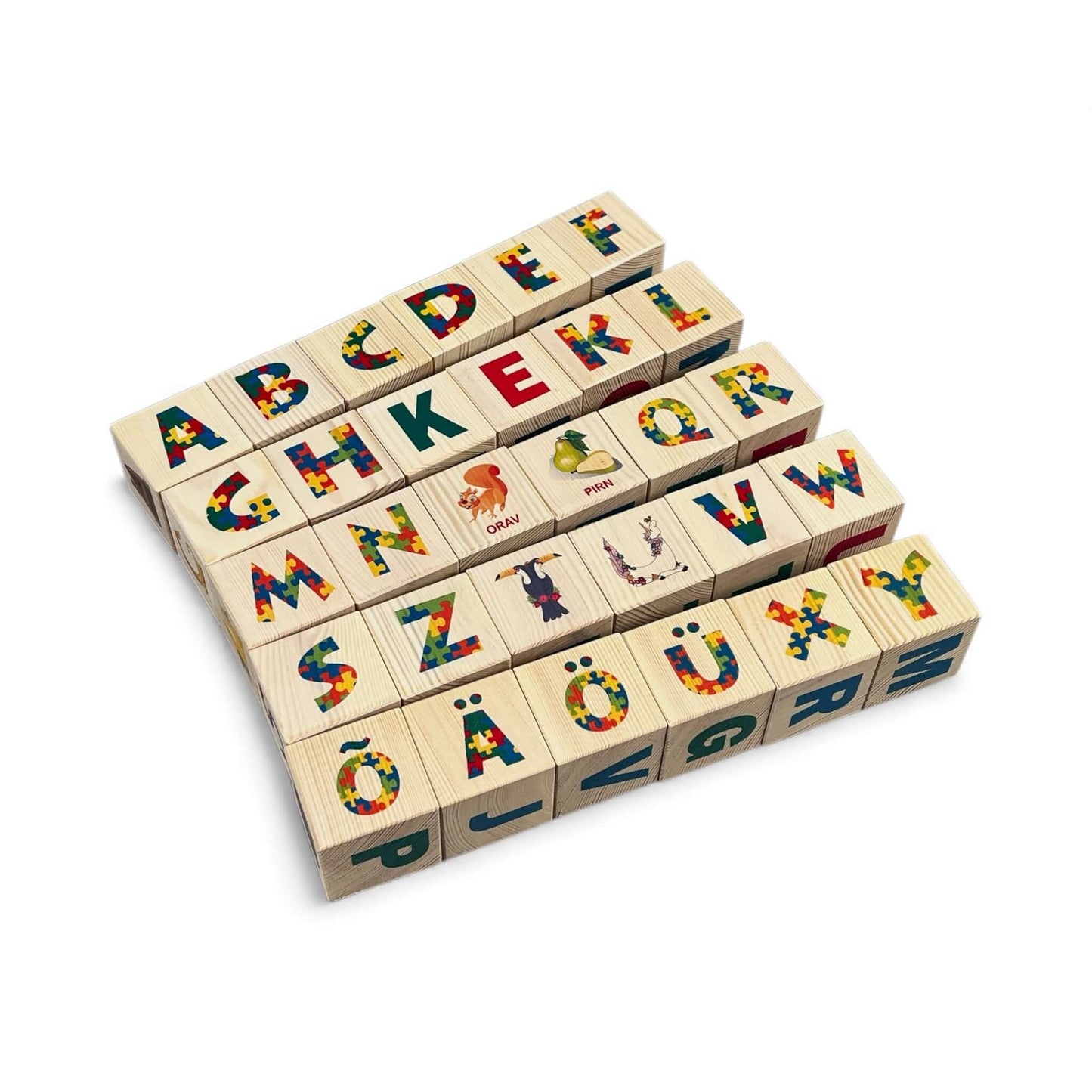 Wooden letter blocks - estonian alphabet - 30 pcs arranged in rows featuring colorful letters and images.