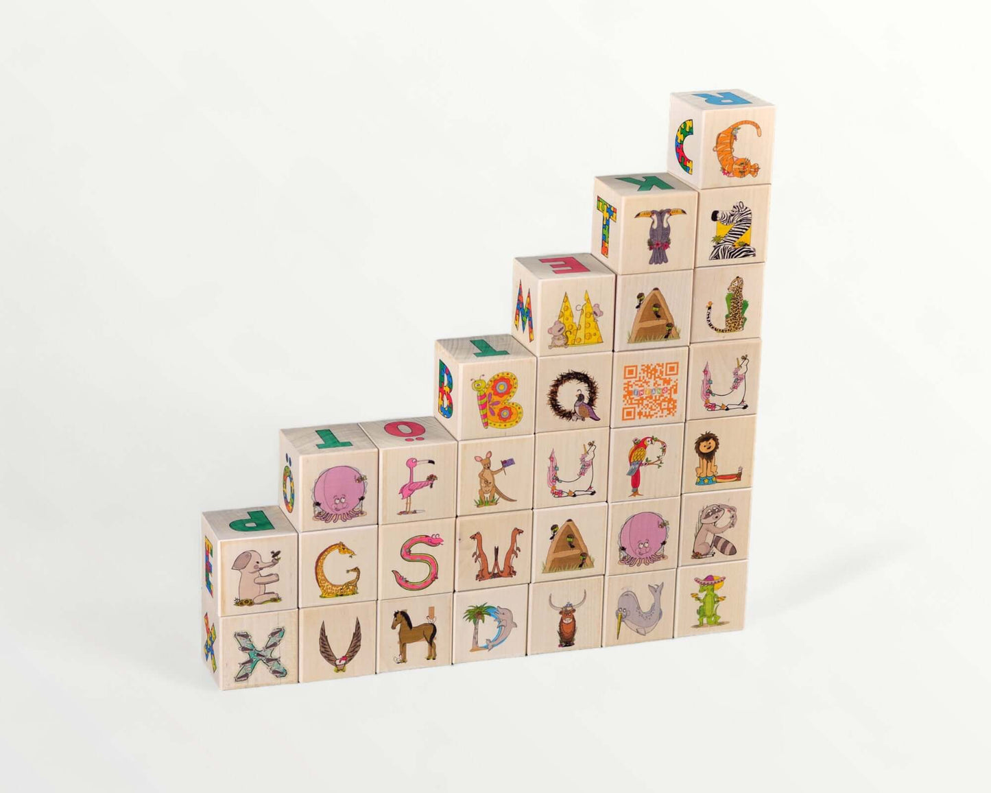 Wooden letter blocks - finnish alphabet - 30 pcs arranged in a staircase pattern, featuring colorful images and letters.