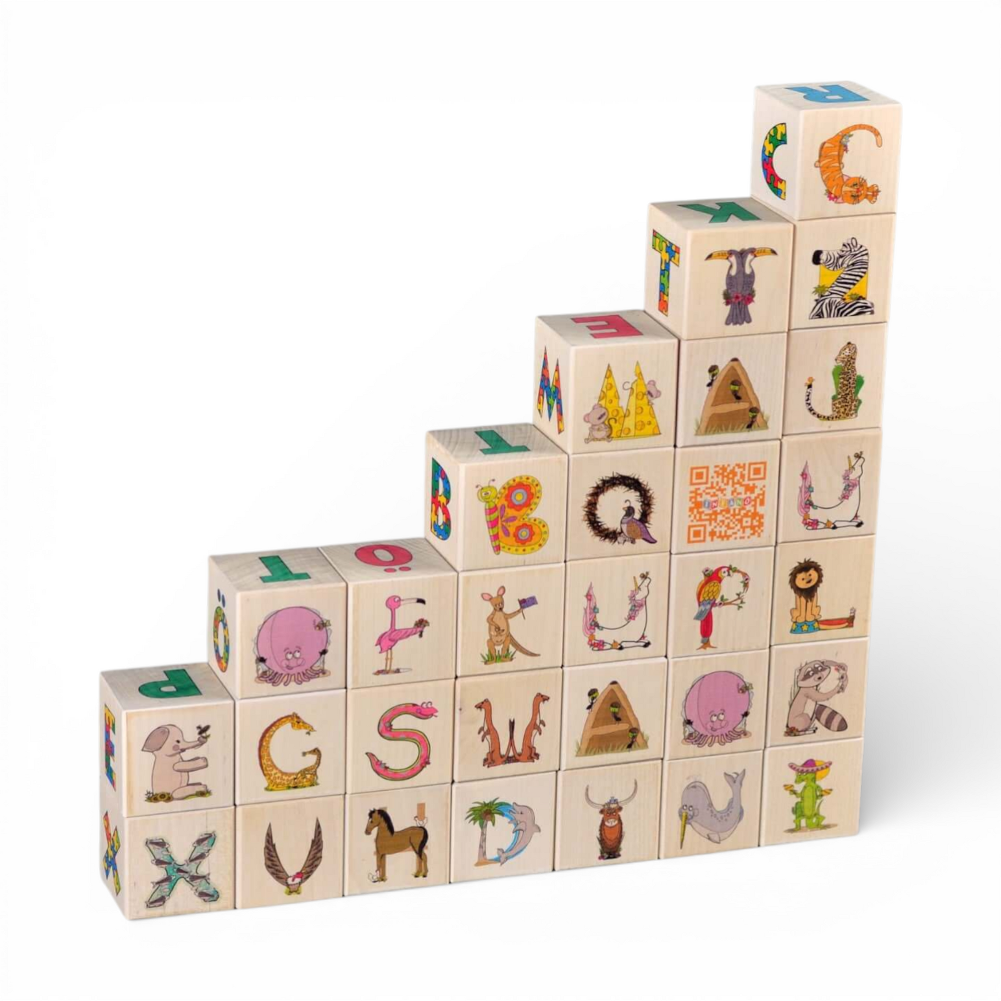 Wooden letter blocks - finnish alphabet - 30 pcs arranged in a staircase pattern, featuring colorful images and letters.