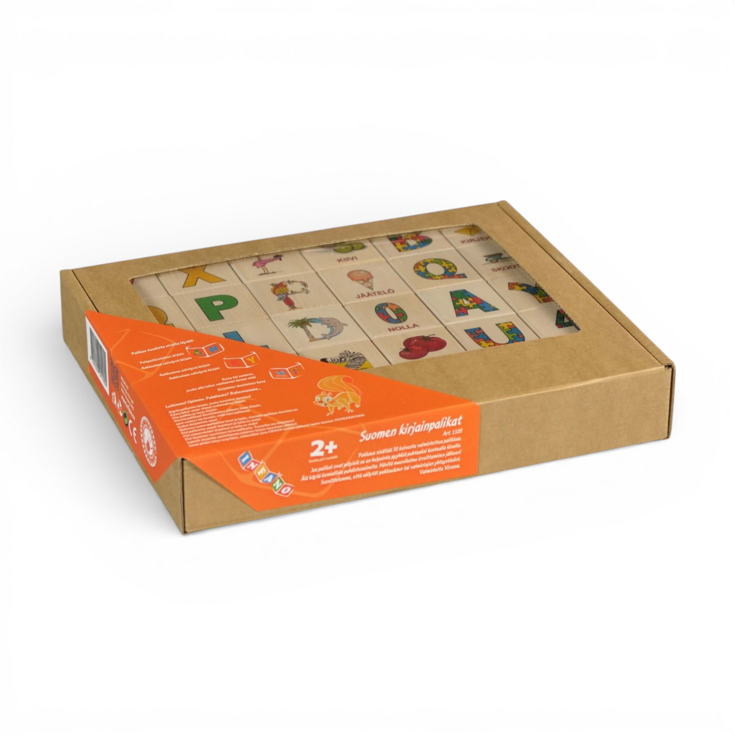 Wooden letter blocks - finnish alphabet - 30 pcs package showing colorful designs for teaching Finnish.