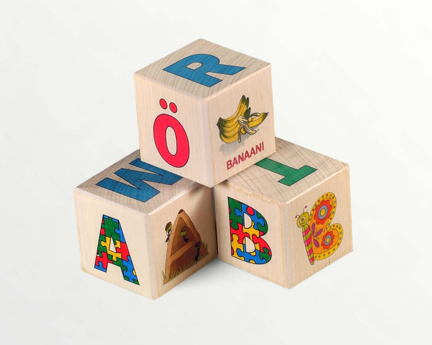 Wooden letter blocks - finnish alphabet - 30 pcs, featuring colorful letters and playful illustrations.