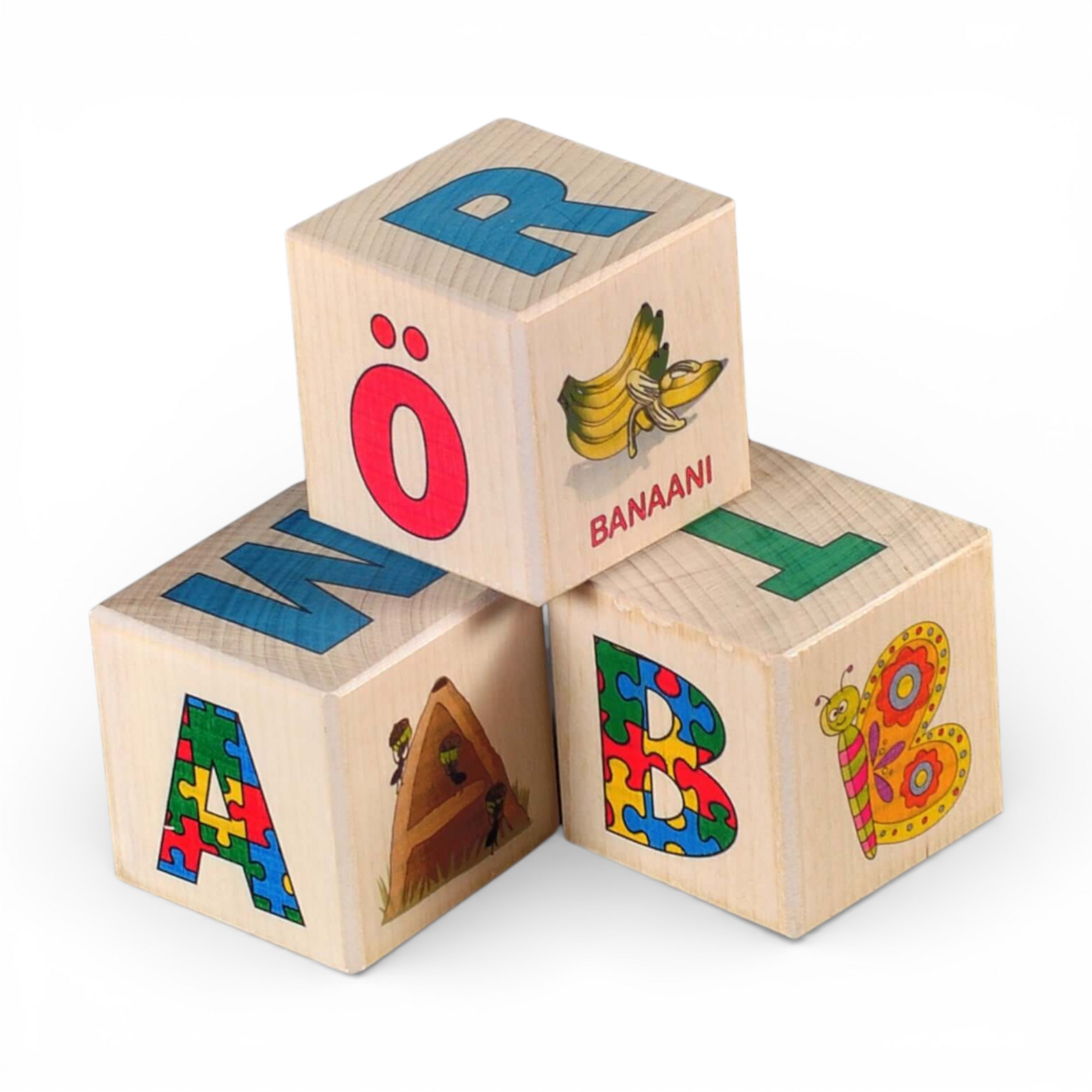 Wooden letter blocks - finnish alphabet - 30 pcs, featuring colorful letters and playful illustrations.