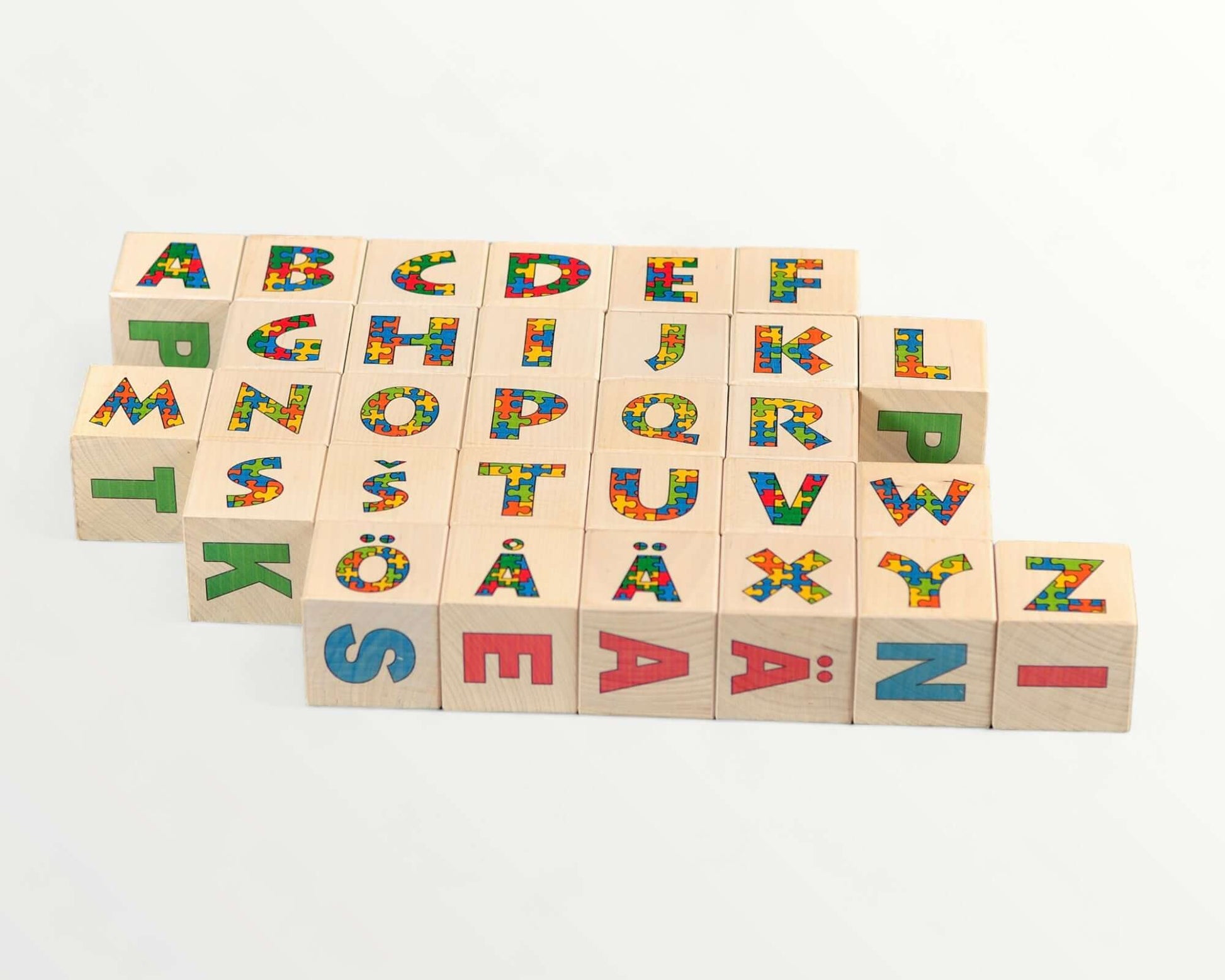Wooden letter blocks - finnish alphabet - 30 pcs, colorful blocks featuring Finnish letters and images for educational play.