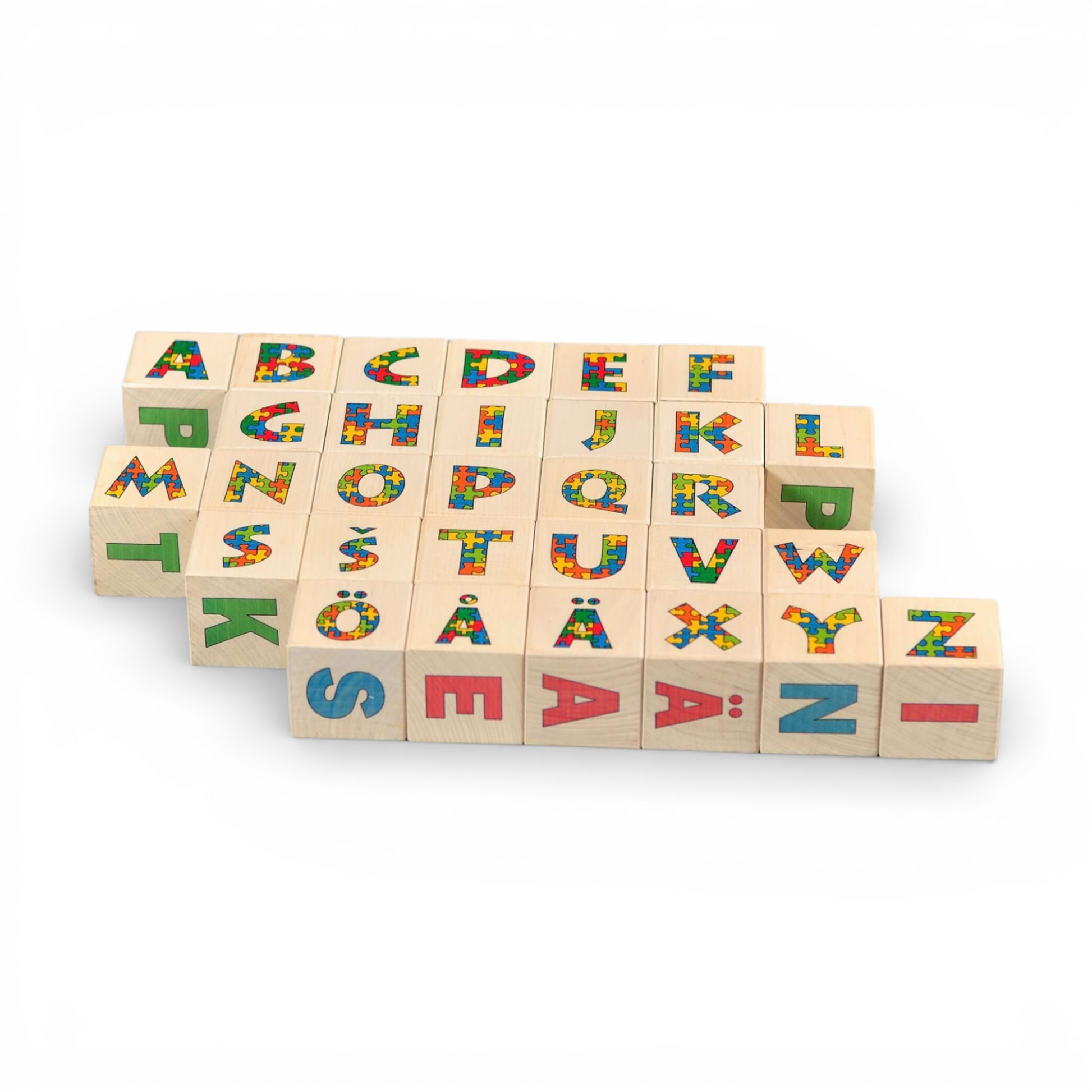 Wooden letter blocks - finnish alphabet - 30 pcs, colorful blocks featuring Finnish letters and images for educational play.