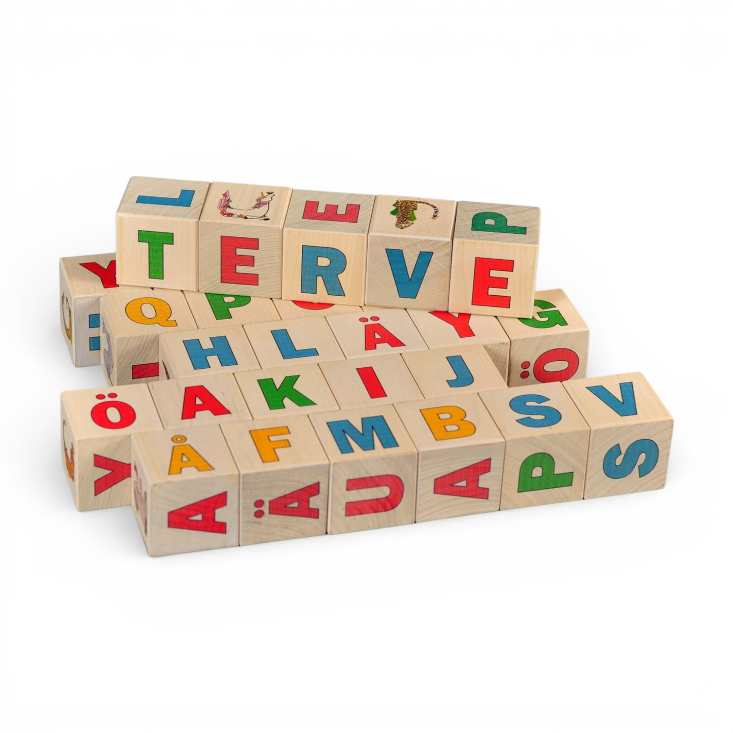 Wooden letter blocks - finnish alphabet - 30 pcs displayed in a colorful stack with Finnish letters and illustrations.