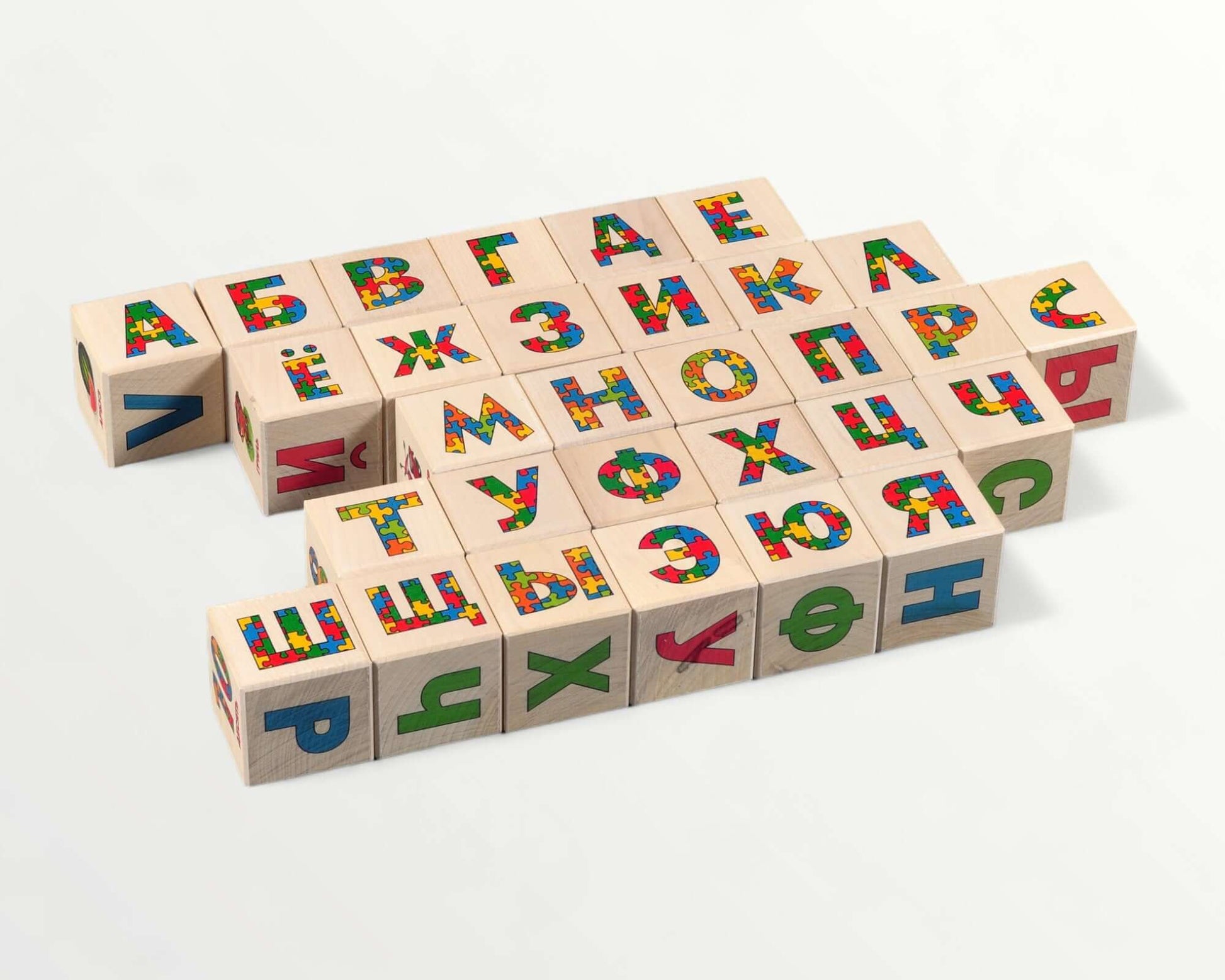 Wooden letter blocks - russian alphabet - 30 pcs arranged creatively for learning Russian letters.