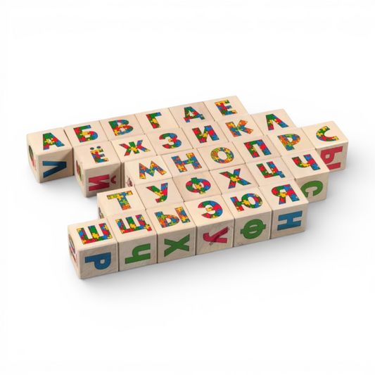 Wooden letter blocks - russian alphabet - 30 pcs arranged creatively for learning Russian letters.