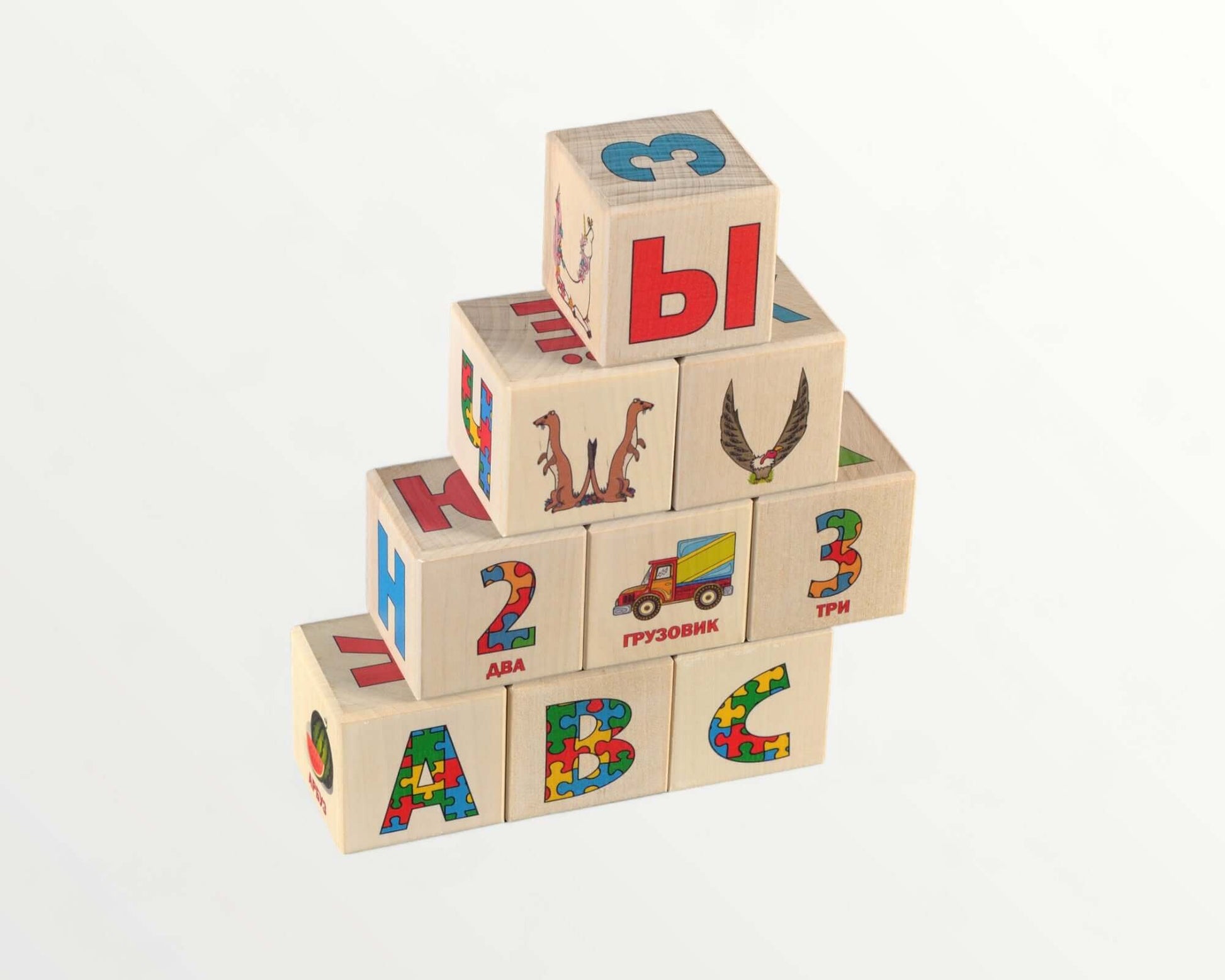 Wooden letter blocks - russian alphabet - 30 pcs stacked with images and letters for learning Russian.