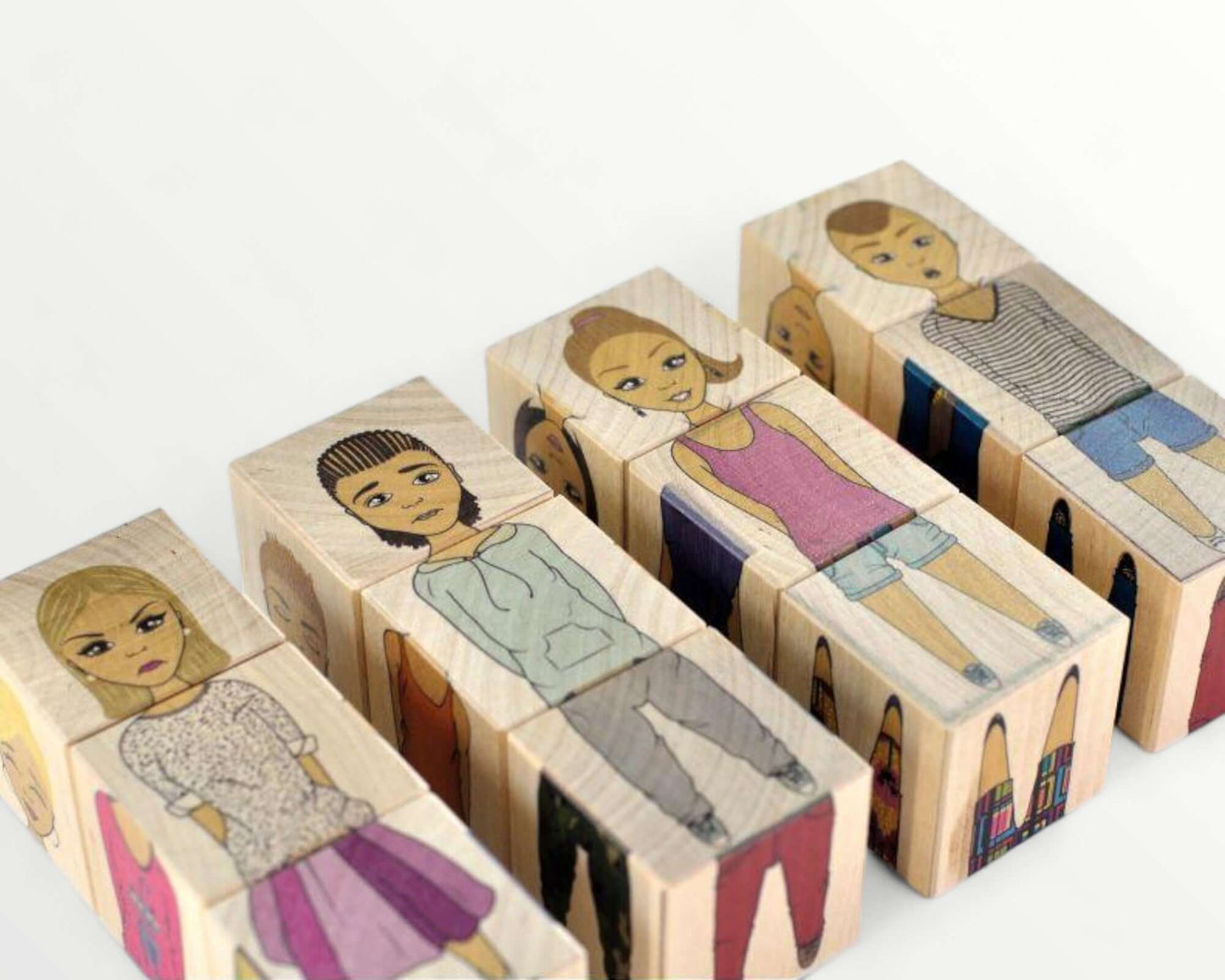 Wooden picture blocks - fashion world - 6 pcs showing various dress-up styles for creative play and motor skill development.
