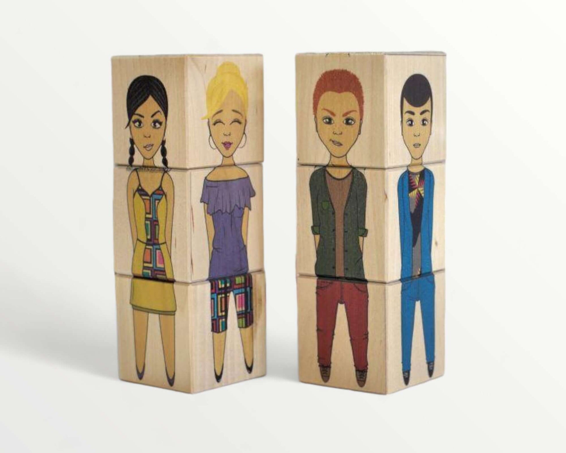 Wooden picture blocks - fashion world - 6 pcs showcasing colorful characters for creative play and fine motor skill development.