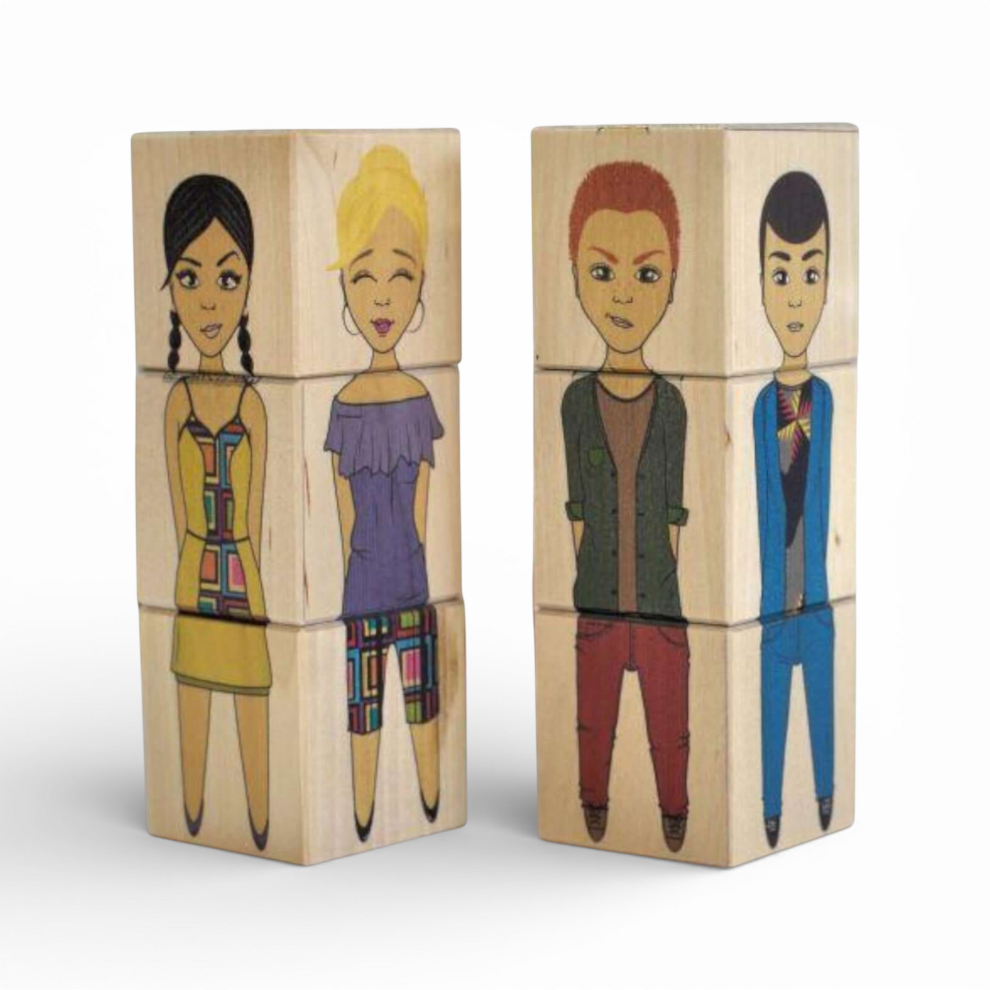 Wooden picture blocks - fashion world - 6 pcs showcasing colorful characters for creative play and fine motor skill development.