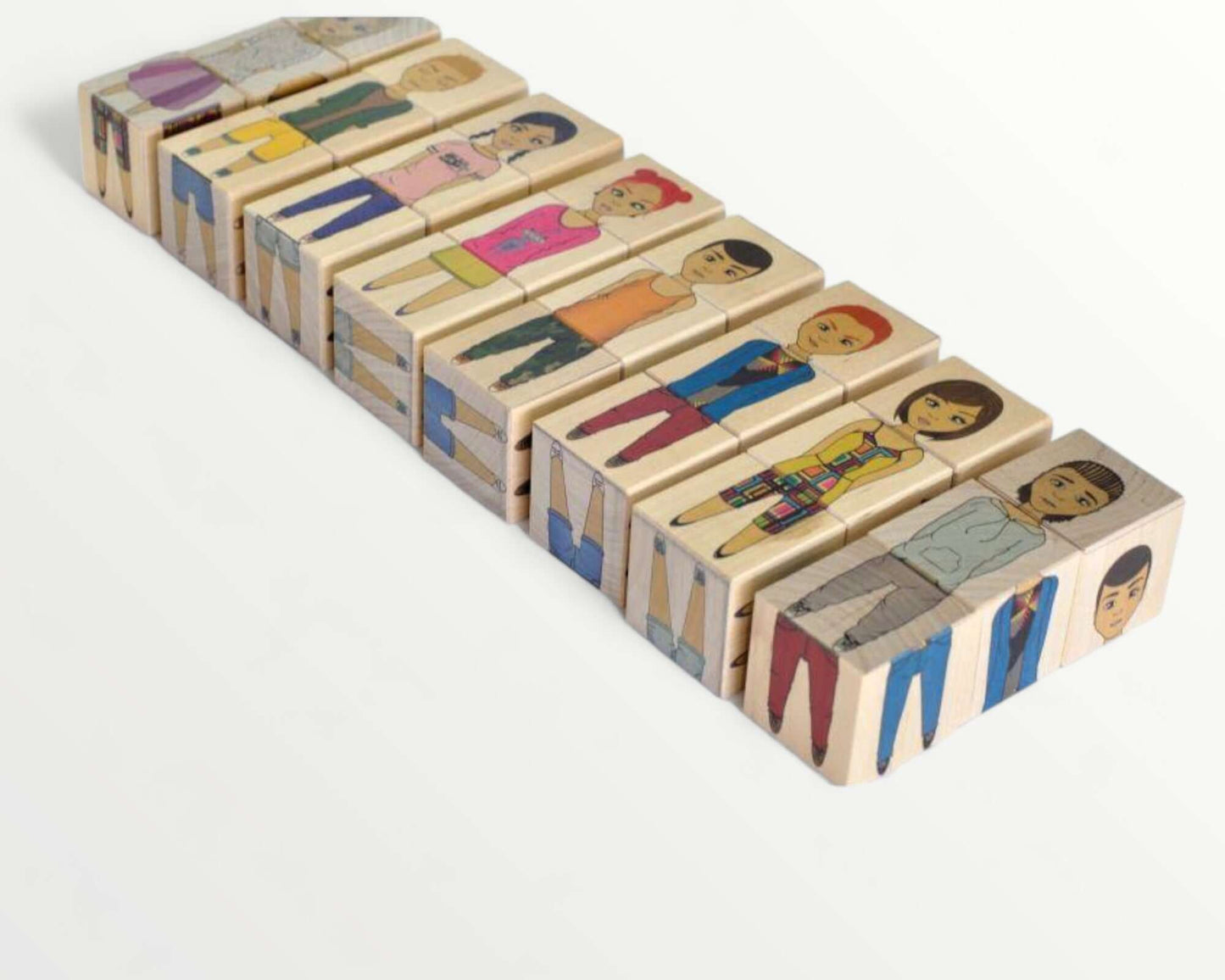 Wooden picture blocks - fashion world - 6 pcs arranged in a colorful lineup showcasing diverse outfits and characters.