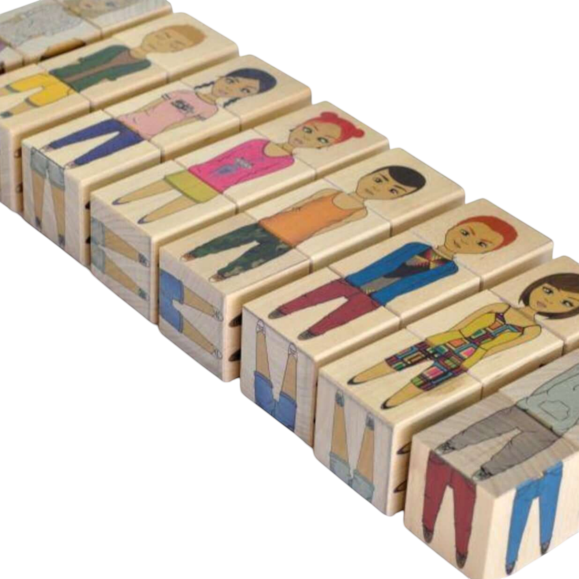 Wooden picture blocks - fashion world - 6 pcs arranged in a colorful lineup showcasing diverse outfits and characters.