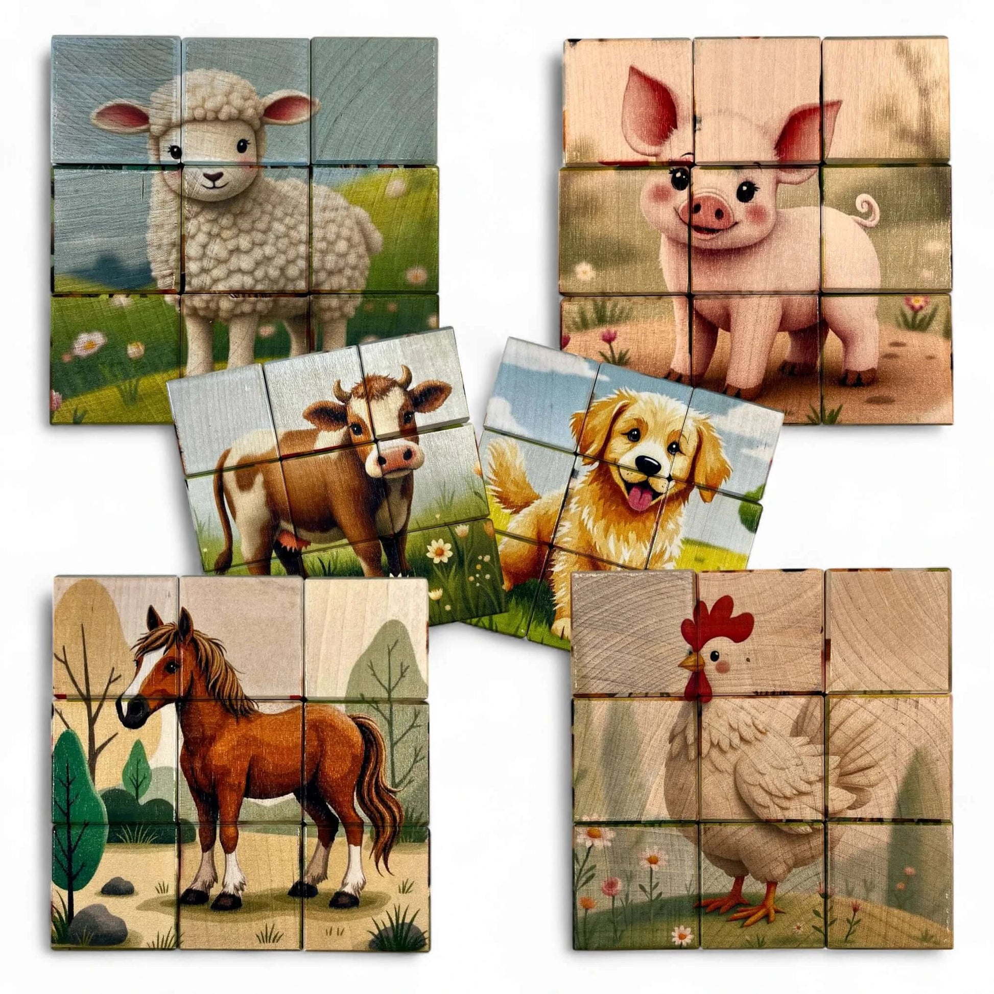 Wooden Puzzle Cubes – Farm Life showcasing adorable farm animal illustrations on natural wood blocks.
