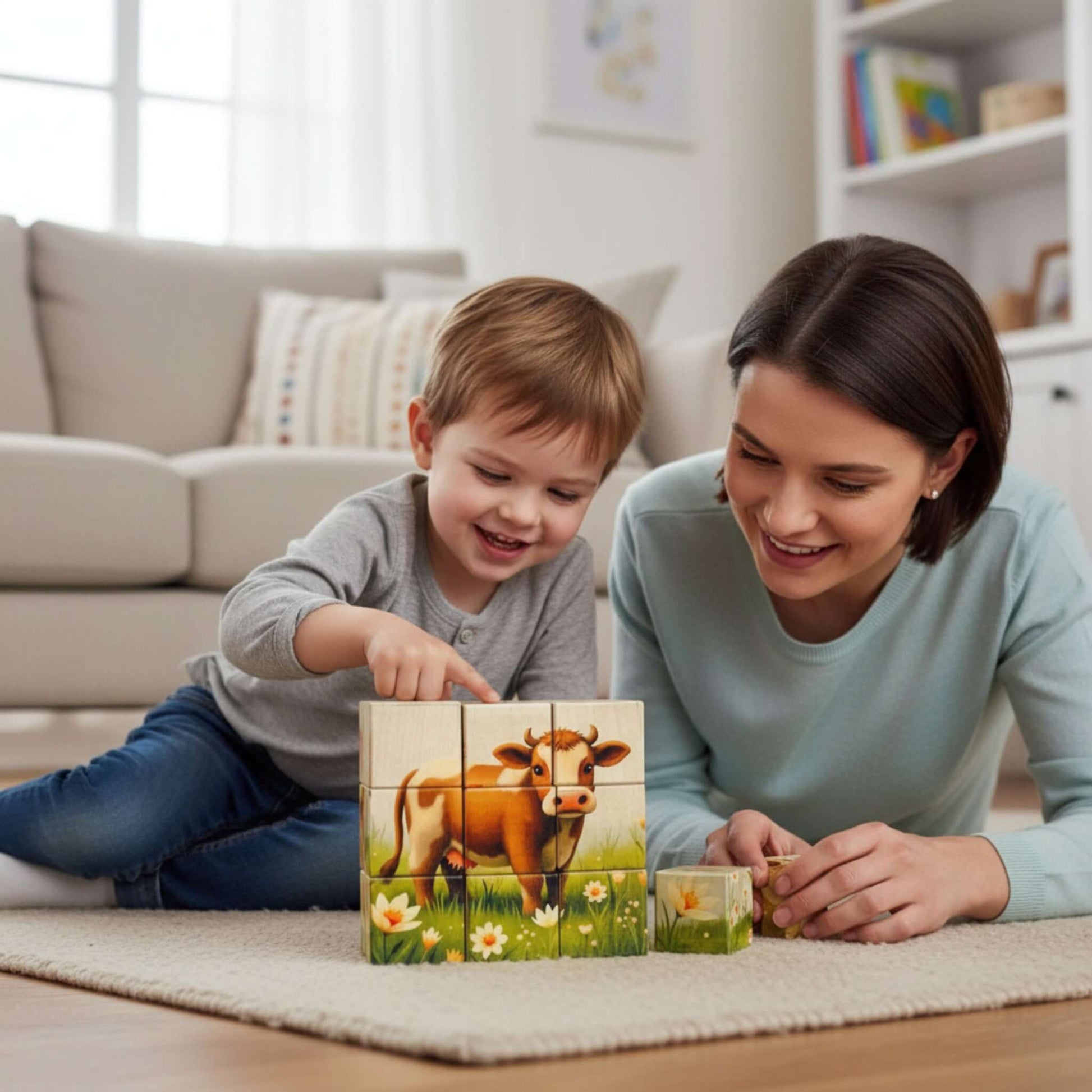 Wooden Puzzle Cubes – Farm Life: A child and parent enjoy playing with farm animal puzzle blocks on the floor.