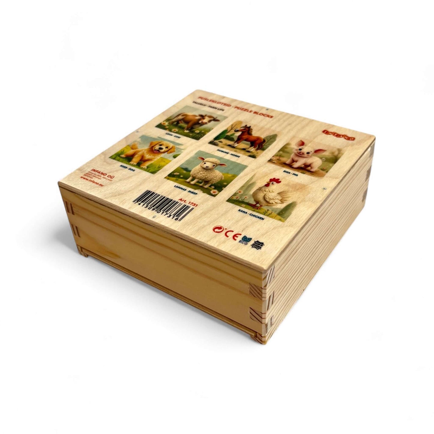 Wooden Puzzle Cubes – Farm Life packaging showing farm animal images and educational details