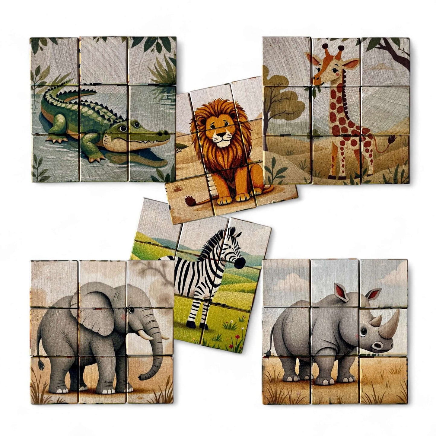 Wooden Puzzle Cubes – Savanna Adventures featuring colorful animal images like lion, elephant, zebra, and giraffe.