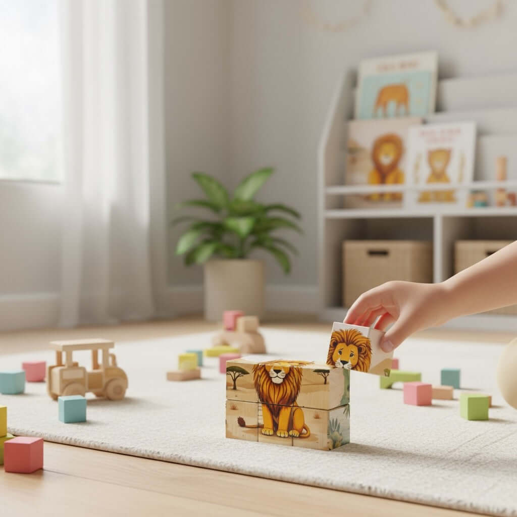 Wooden Puzzle Cubes – Savanna Adventures with a child stacking lion block in a cozy playroom.
