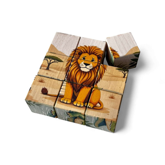 Wooden Puzzle Cubes – Savanna Adventures featuring a lion block, designed for children's creativity and problem-solving.