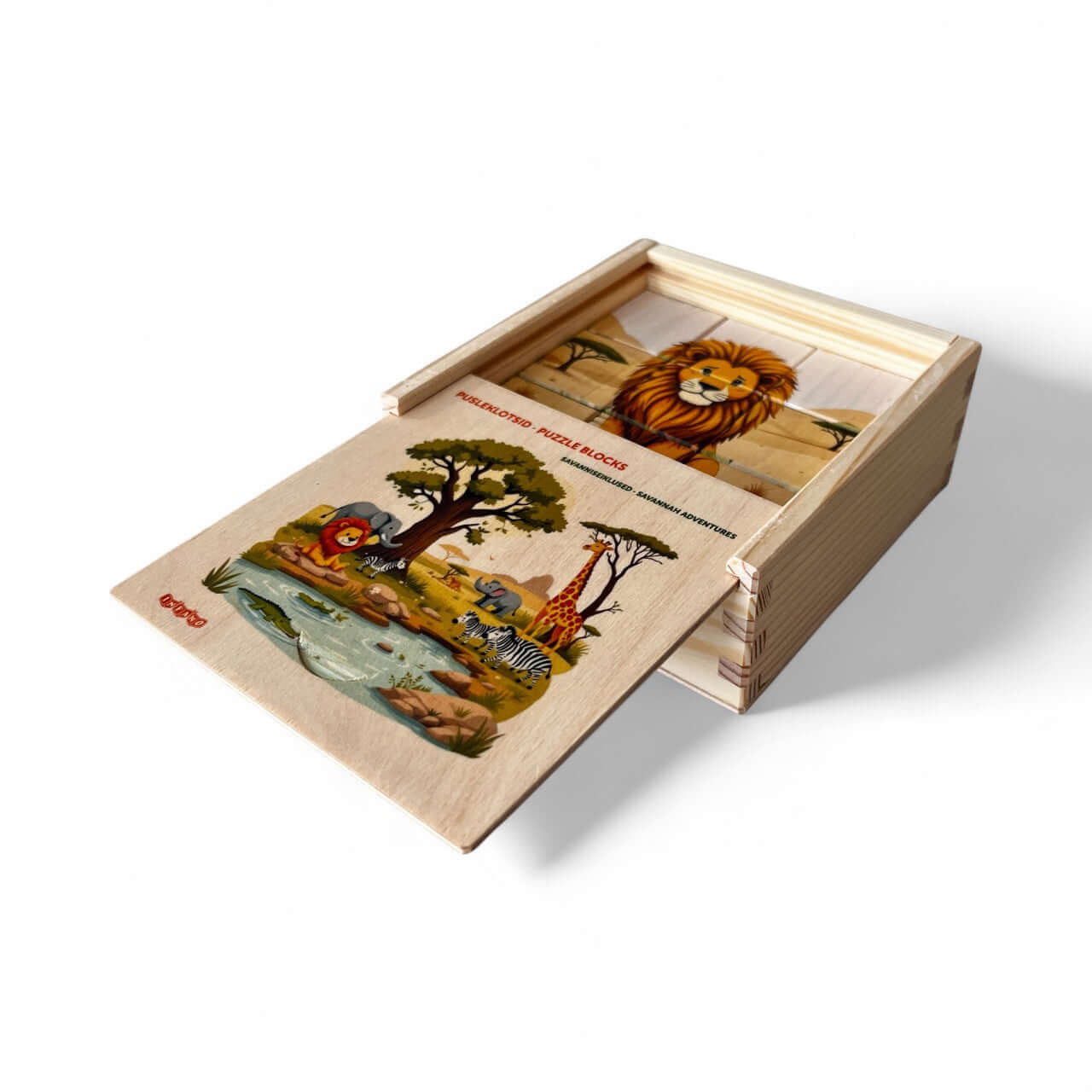 Wooden Puzzle Cubes – Savanna Adventures box featuring lion and animal illustrations, perfect for children's creative play.