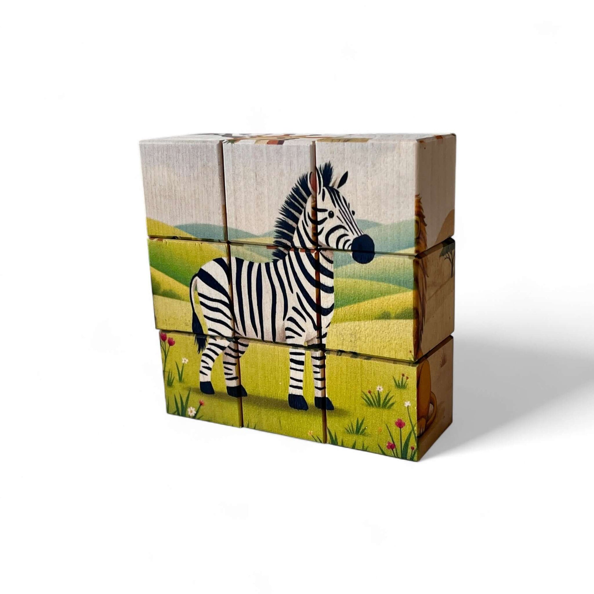 Wooden Puzzle Cubes – Savanna Adventures featuring a colorful zebra block design for kids.