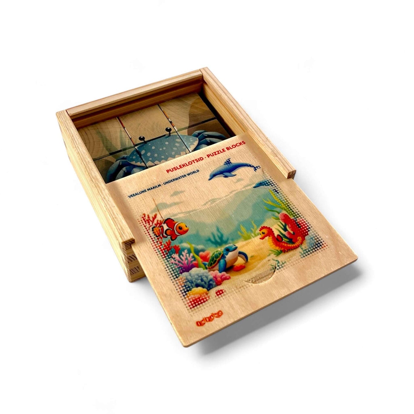 Wooden Puzzle Cubes – Underwater World packaging featuring colorful sea creatures and natural wood design.