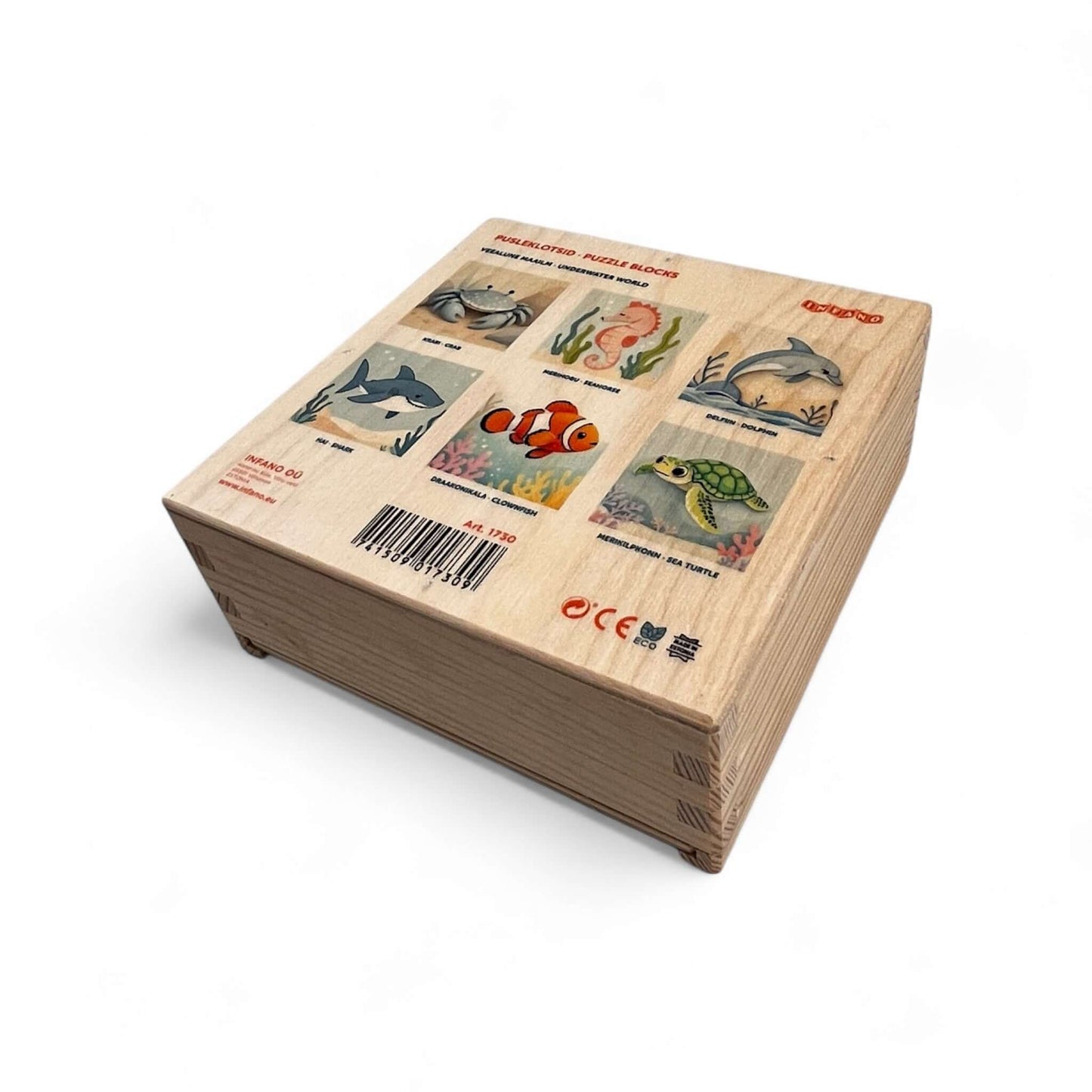 Wooden Puzzle Cubes – Underwater World set displaying playful sea creature images on natural birch wood blocks.