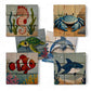 Wooden Puzzle Cubes – Underwater World featuring sea creatures like seahorse, crab, turtle, dolphin, clownfish, and shark