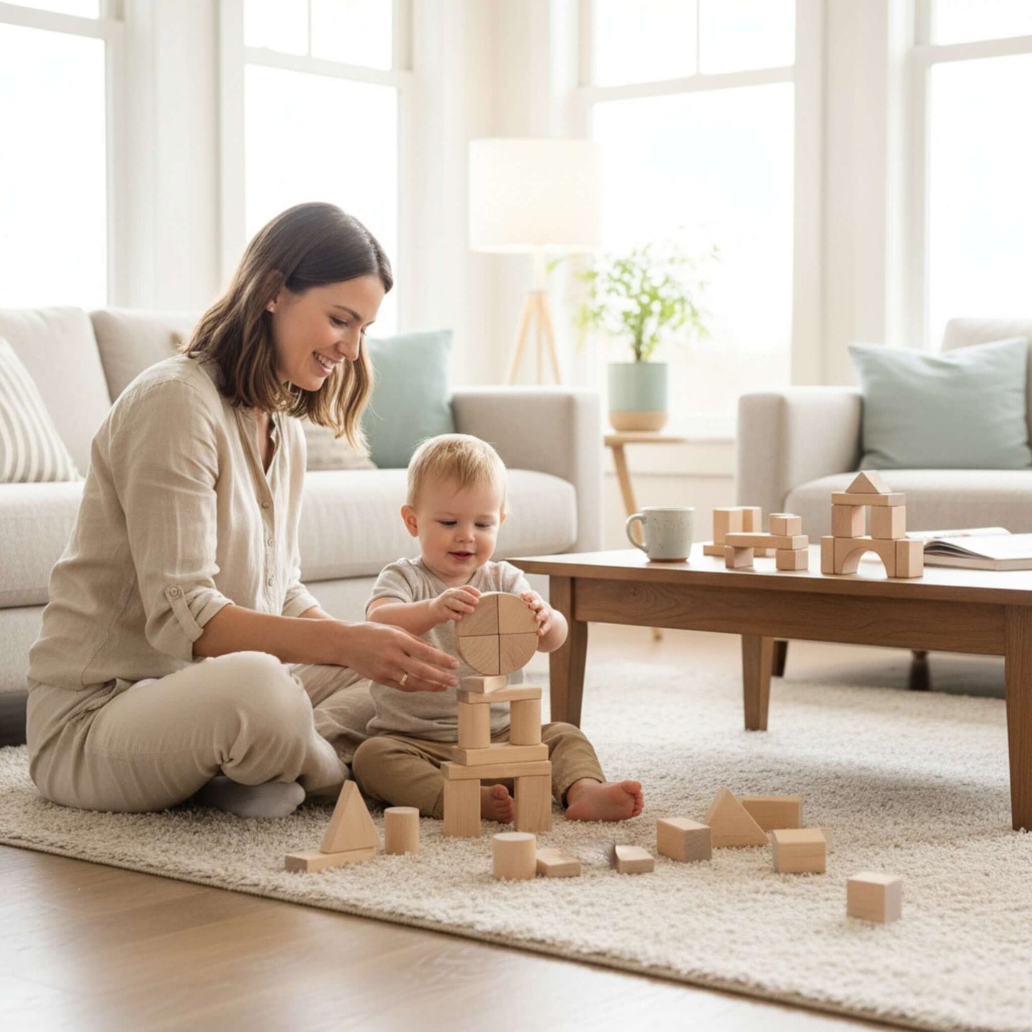 Parent and child playing with Wooden Toy Block Set – 31 Pieces on a living room floor, building and stacking blocks.