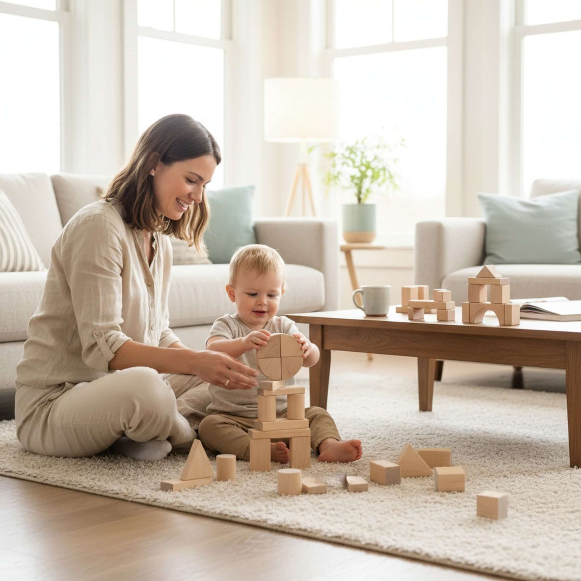 Parent and child playing with Wooden Toy Block Set – 31 Pieces on a living room floor, building and stacking blocks.