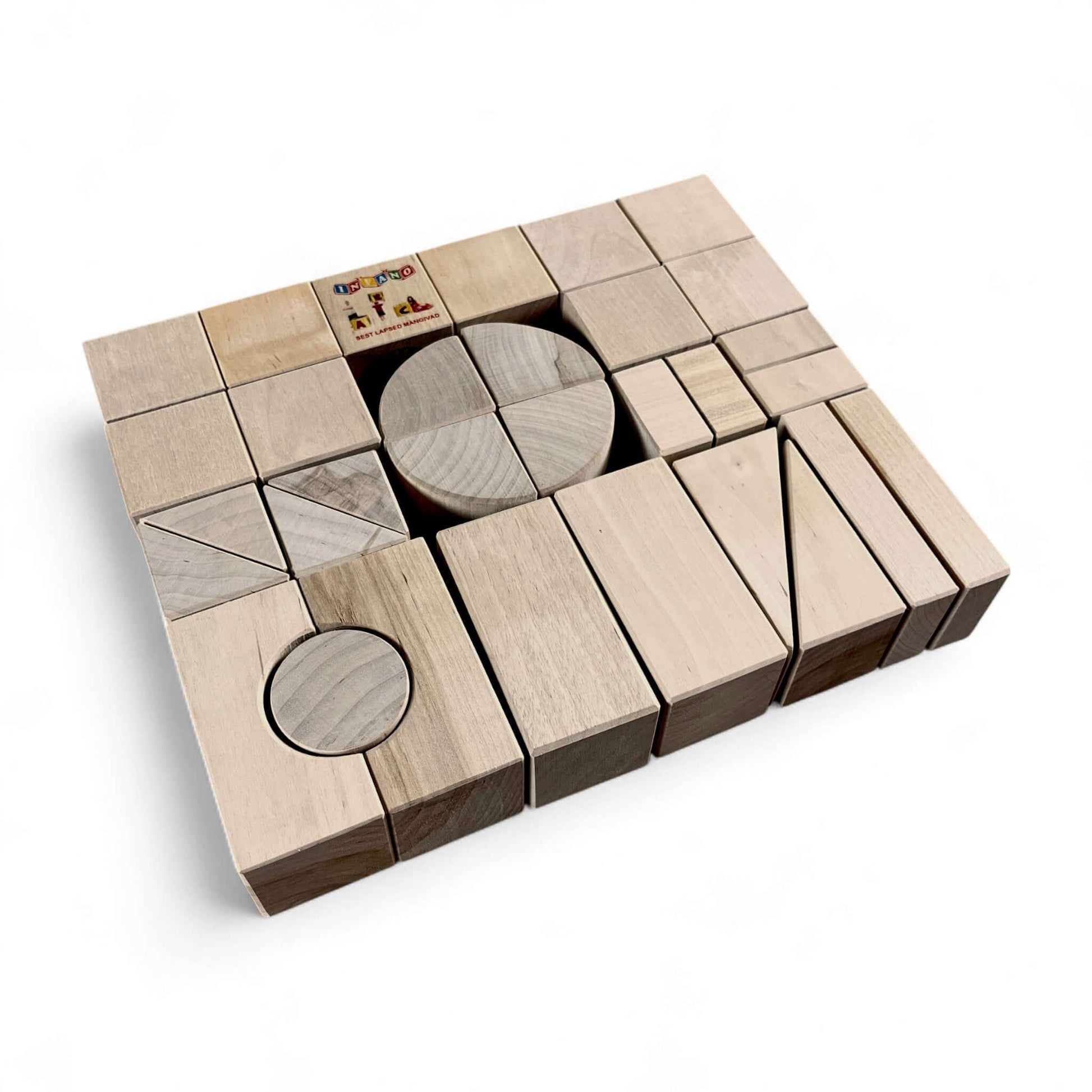 Wooden Toy Block Set – 31 Pieces displayed in a variety of shapes and sizes for building and imaginative play.