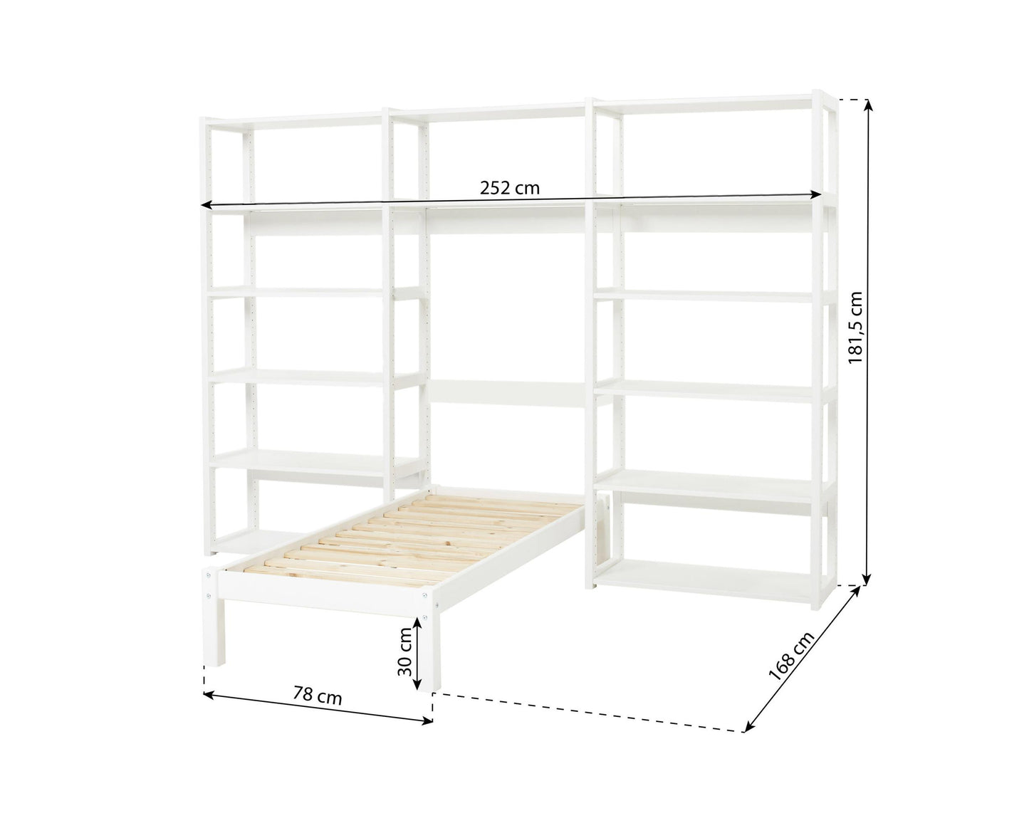 Этаж - Полка с 3 секциями, 14 полок и кровать 70x160 см - 80 см - Белый