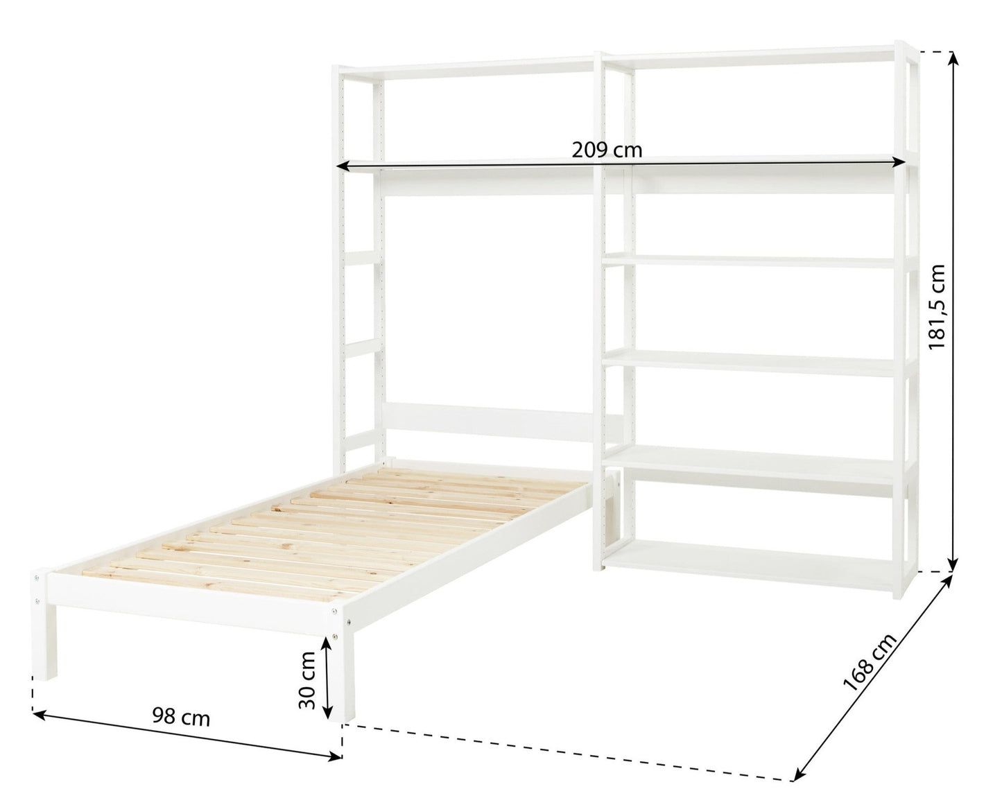 Storey - 2-osainen hylly, 8 hyllyä ja sänky 90x200 cm - 100 cm - Valkoinen