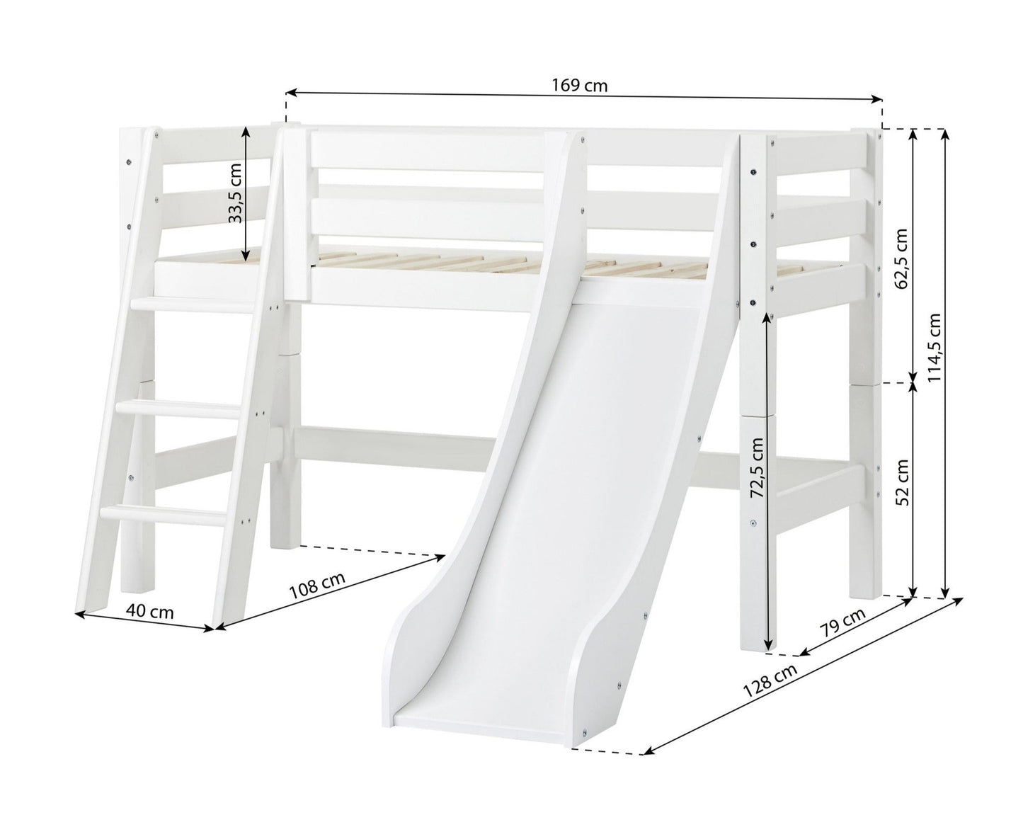 ECO Luxury - Poolkõrge voodi kaldredeli ja liumäega - 70x160 cm - valge