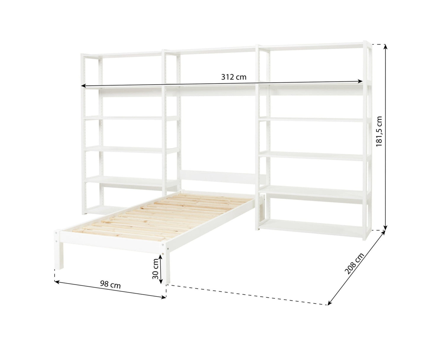 Storey - 3 sektsiooniga riiul, 14 riiulit ja voodi 90x200 cm - 100 cm - Valge