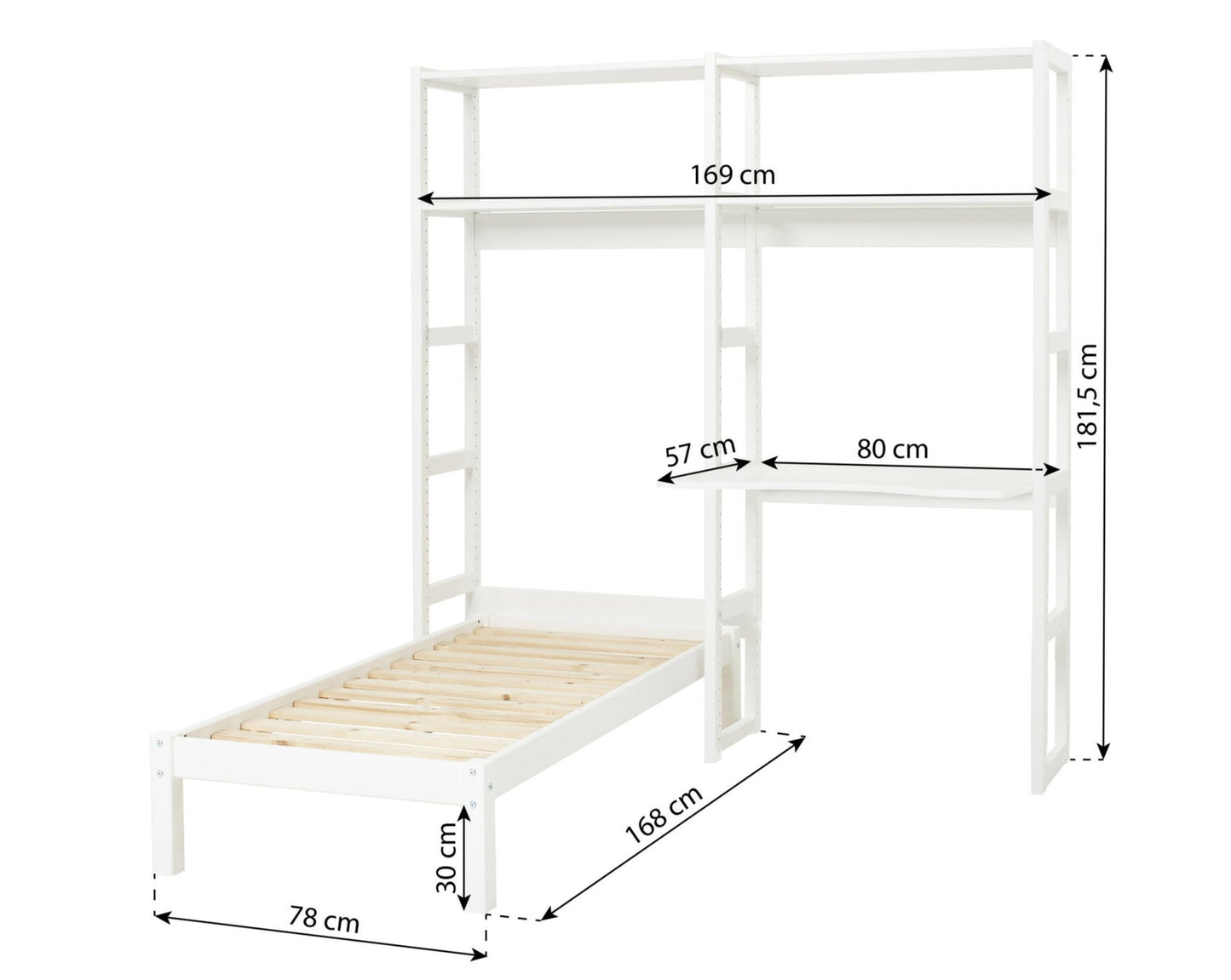 Storey - Riiul 2 sektsiooniga, 4 riiulit, voodi 70x160 cm ja kirjutuslaud - 80 cm - Valge
