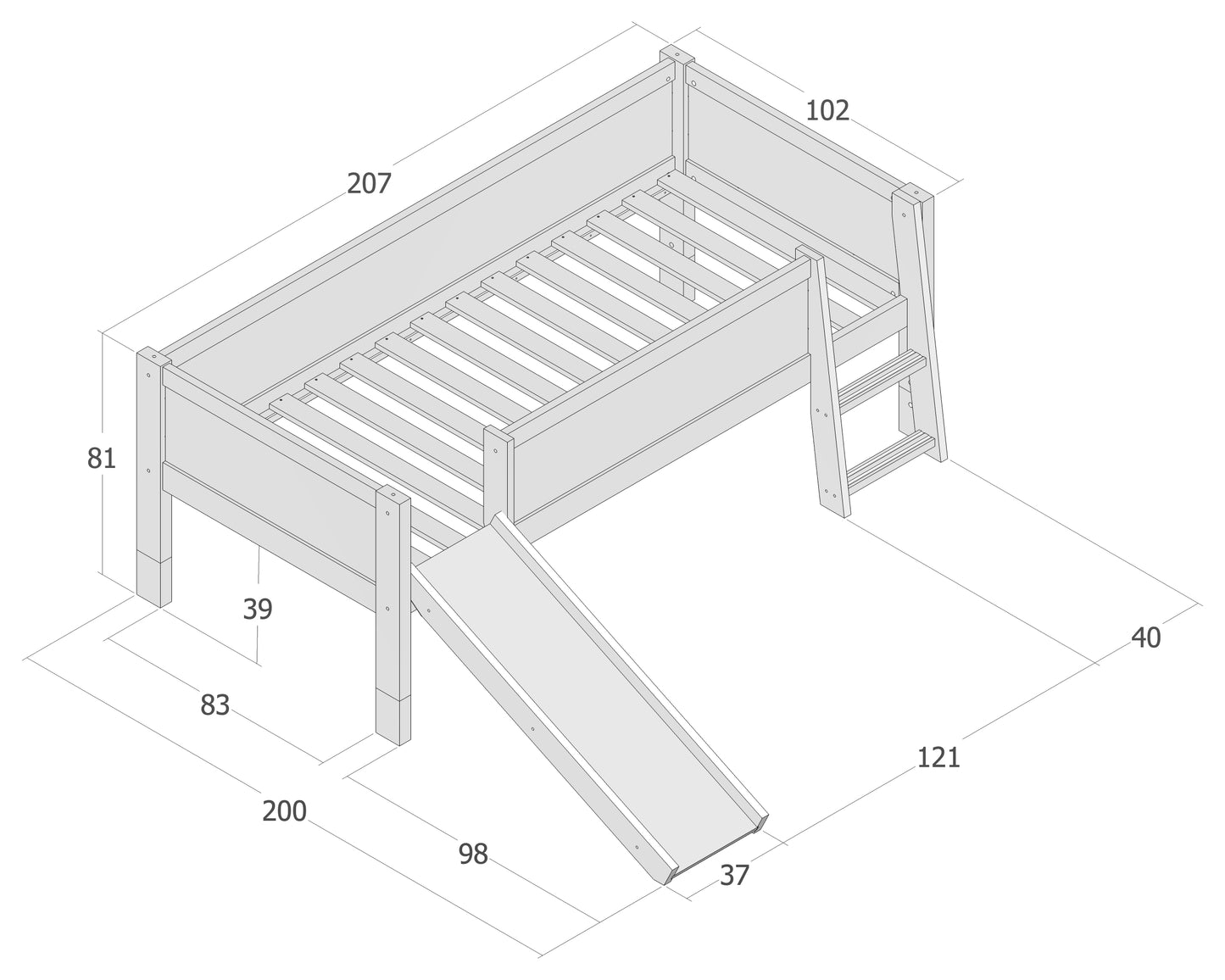 Jerwen - Kompakti sänky liitutaululla, tikkailla ja liukumäellä - 90x200 cm