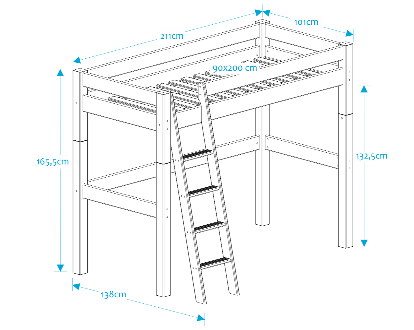 Lahe - High bed with slant ladder - 90x200 cm - White