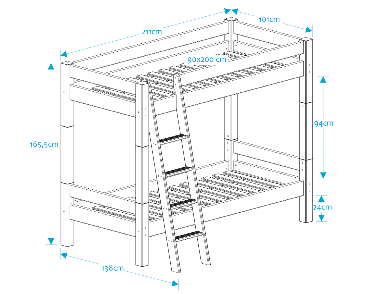 Lahe - Bunk bed with slant ladder - 90x200 cm - White