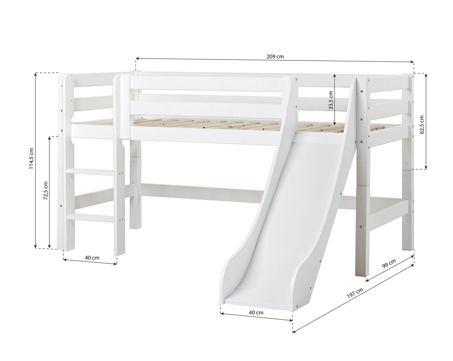 ECO Luxury - Poolkõrge voodi liumäega - 70x160 cm - valge