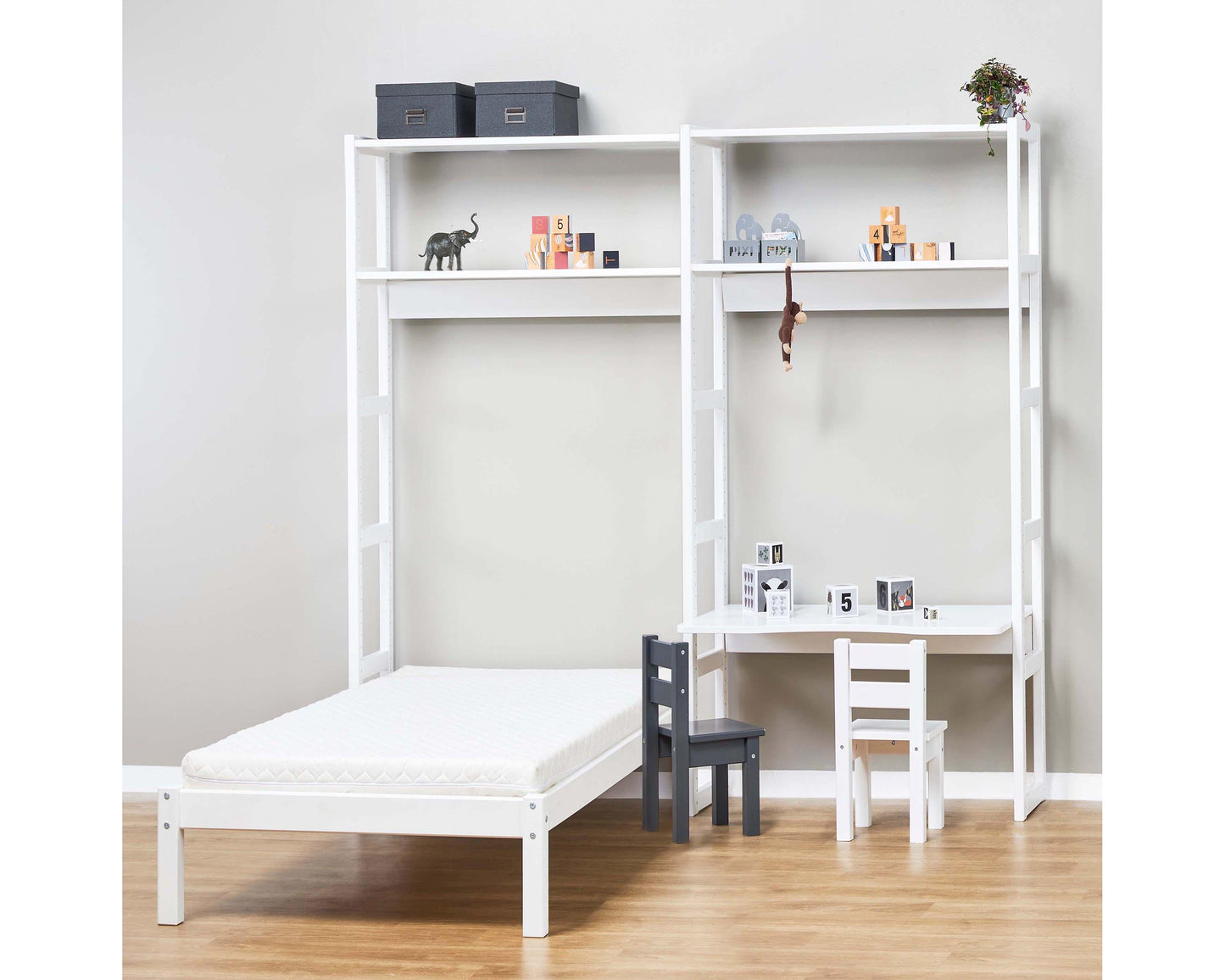 Storey - Shelf with 2 sections, 4 shelves, bed 70x160 cm and desk - 80 cm - White