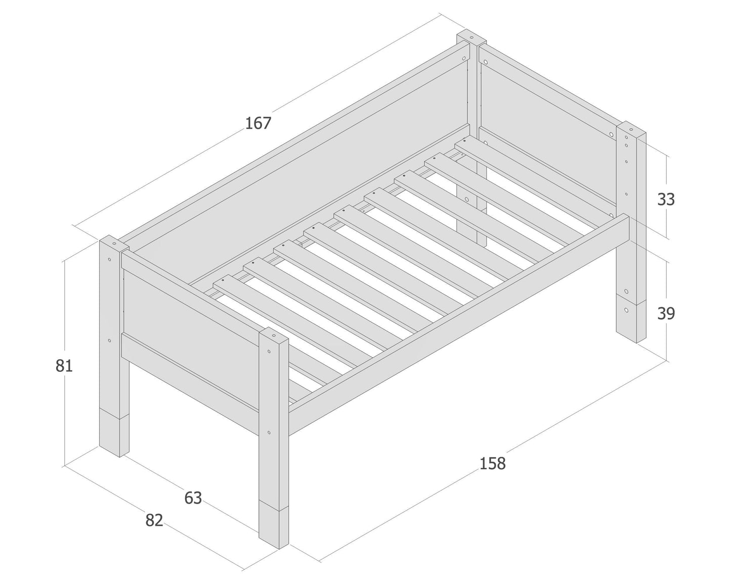 Jerwen - Compact bed - 70x160 cm dimensions diagram showcasing slatted bed base.