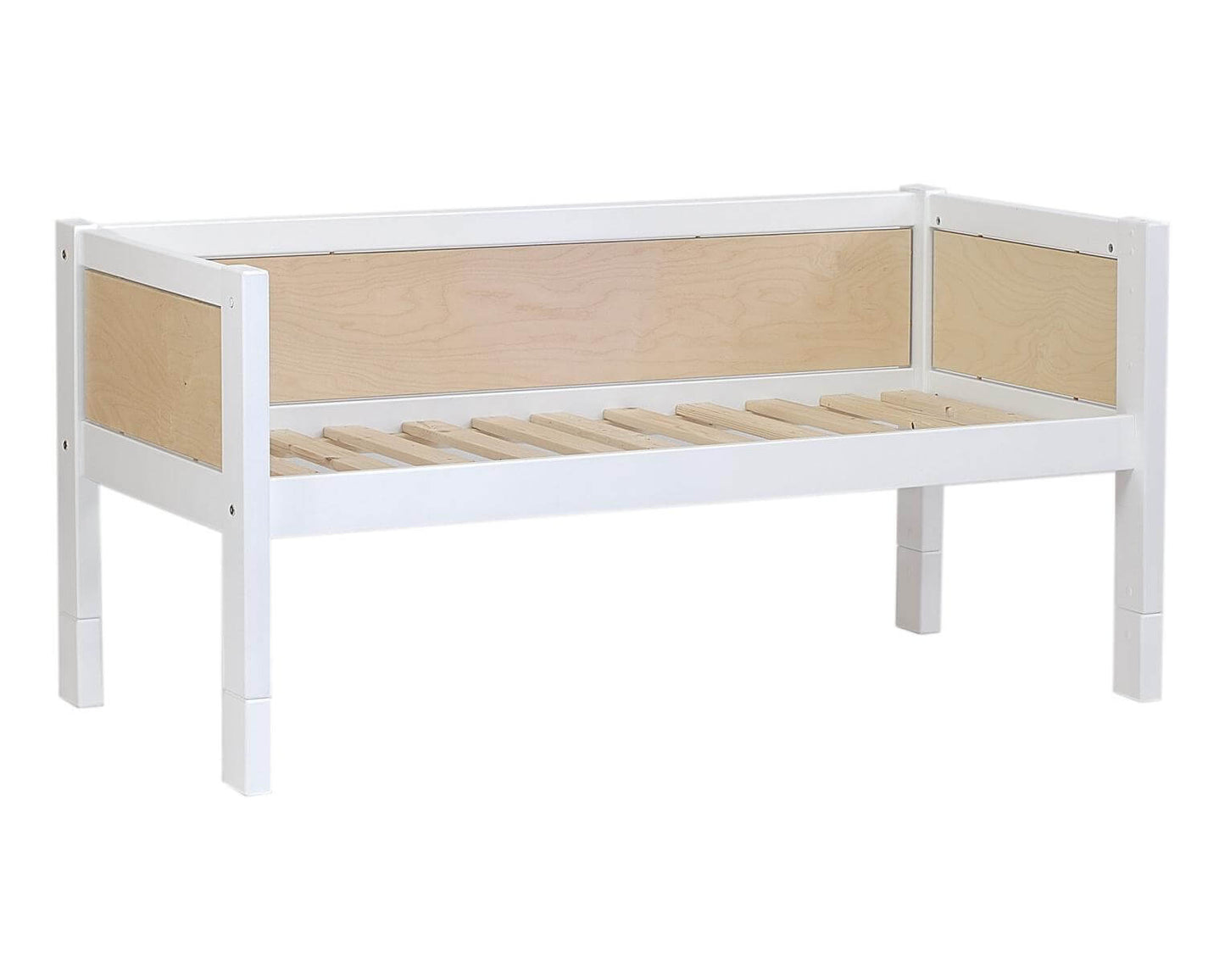 Jerwen - Compact bed - 90x200 cm in white birch wood with safety barrier and slatted base.