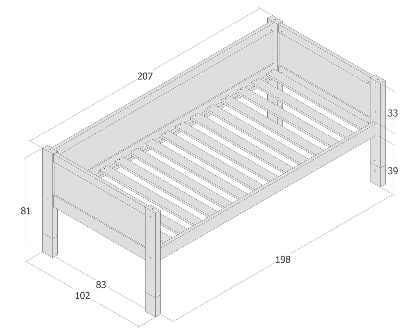 Jerwen - Compact bed - 90x200 cm dimensions and design illustration, showcasing the natural birch wood structure.