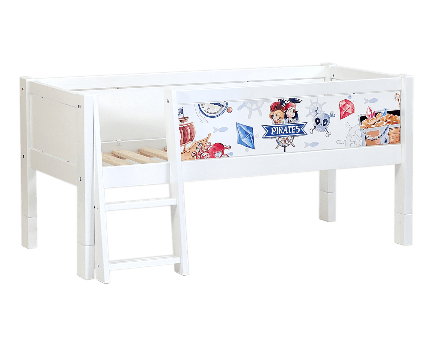 Jerwen - Compact bed with safety barrier and ladder - 70x160 cm, featuring a pirate theme and ladder.
