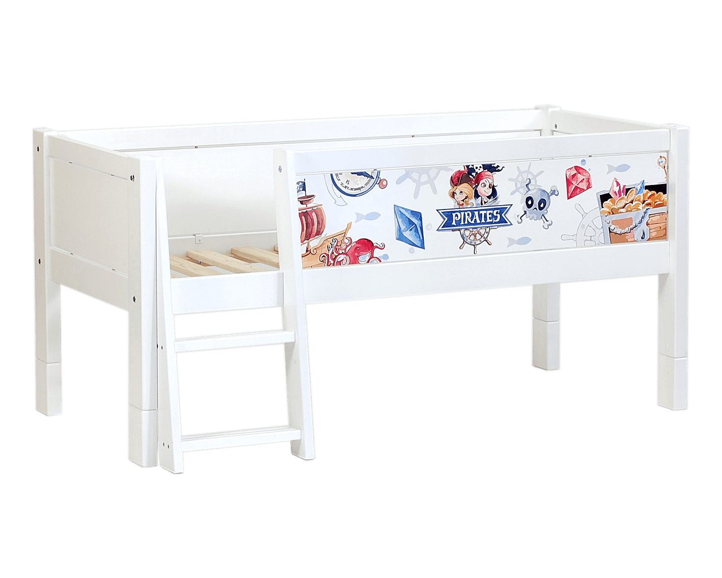Jerwen - Compact bed with safety barrier and ladder - 70x160 cm, featuring a pirate theme and ladder.