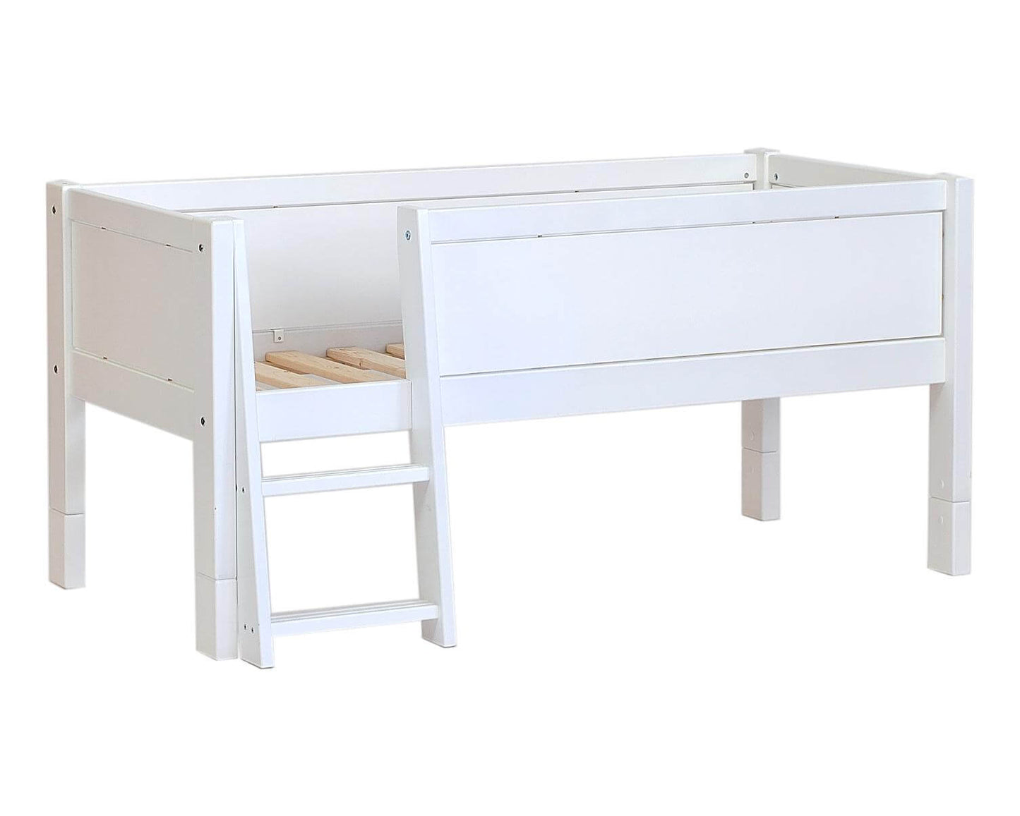 Jerwen - Compact bed with safety barrier and ladder - 90x200 cm in white wood with ladder.